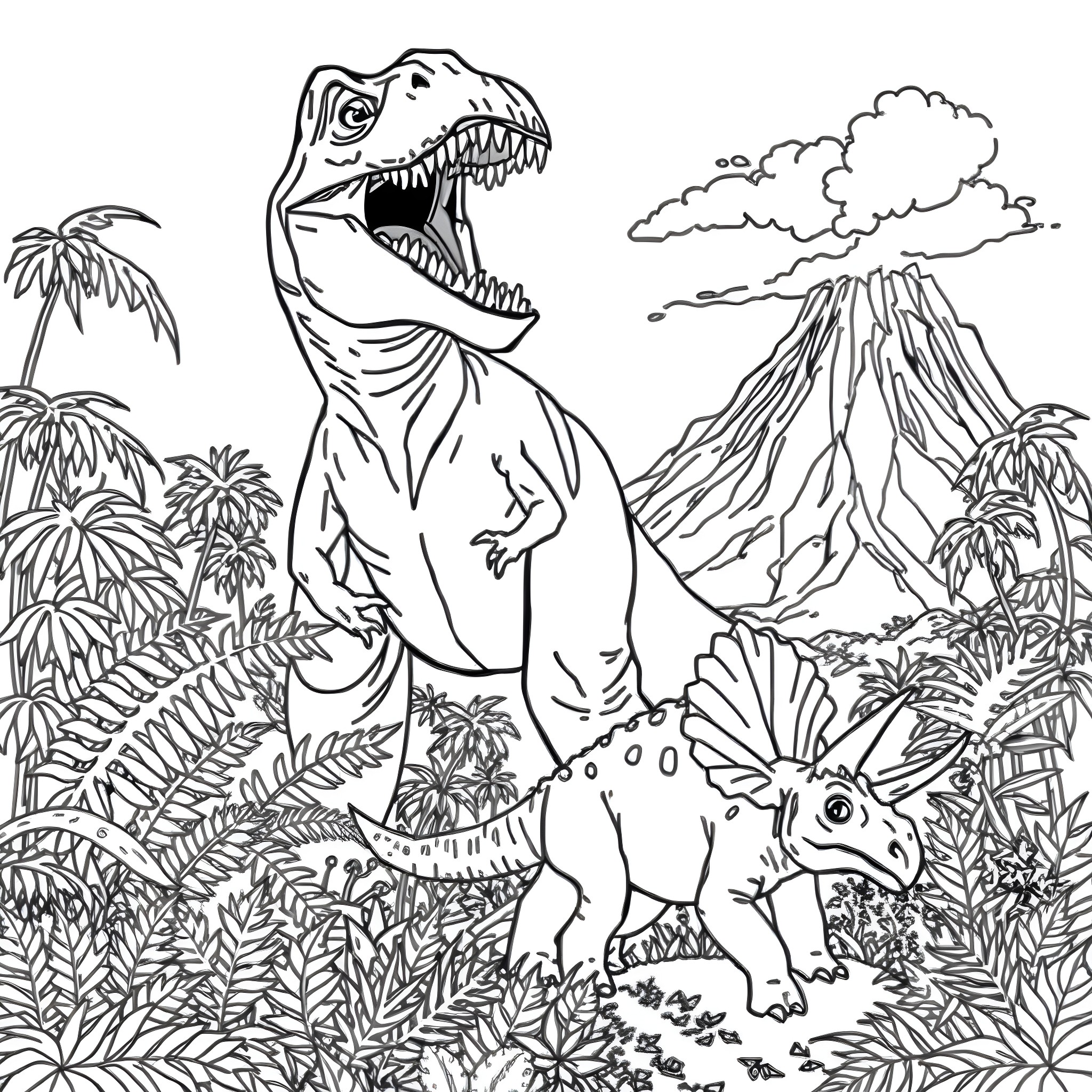 Dinosaur Roaring in Prehistoric Landscape Coloring Page (free black-and-white line drawing printable PDF for all, from beginners to advanced learners, including children, teens, adults, and seniors)