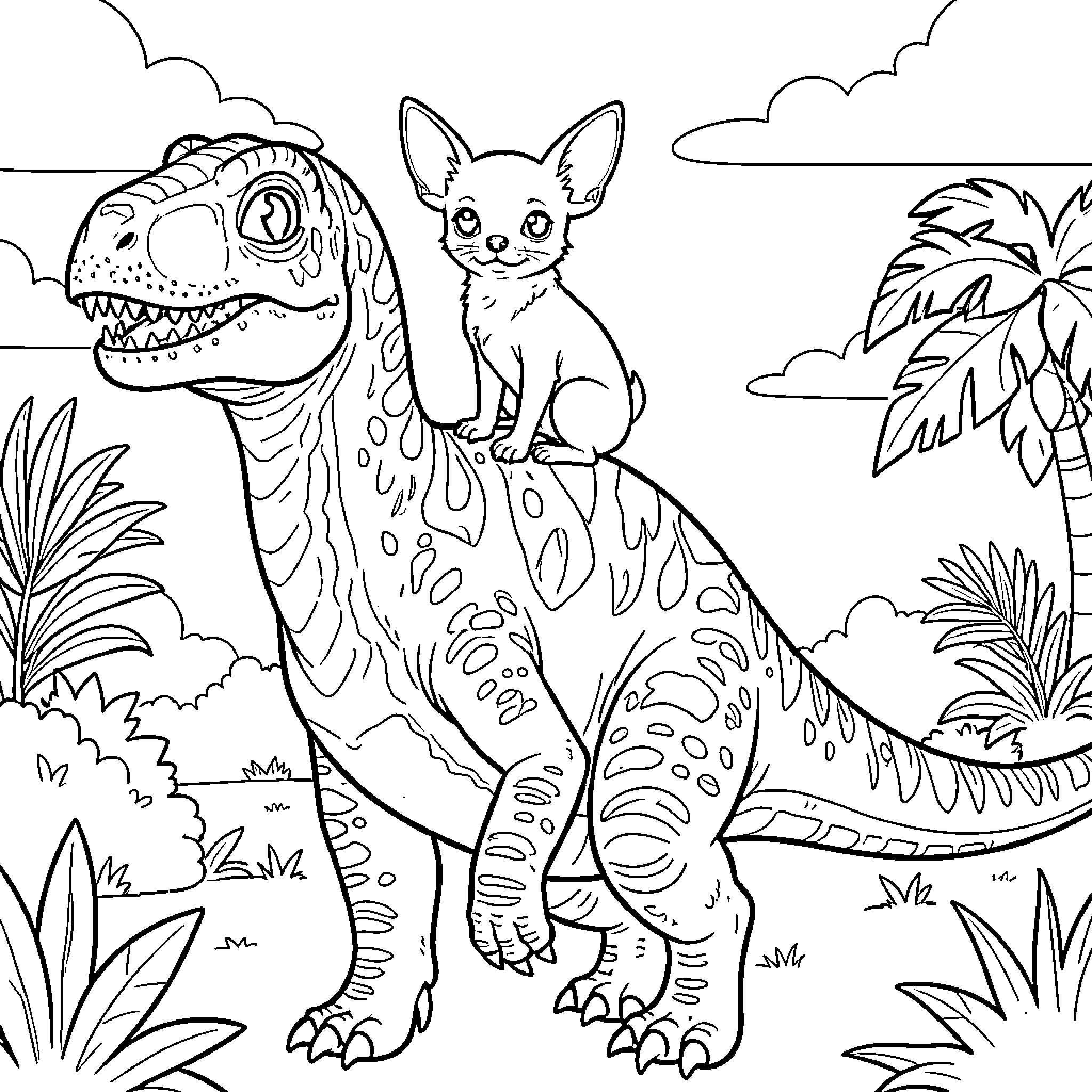 Chihuahua riding on the back of a dinosaur Coloring Page (free black-and-white line drawing printable PDF for all, from beginners to advanced learners, including children, teens, adults, and seniors)