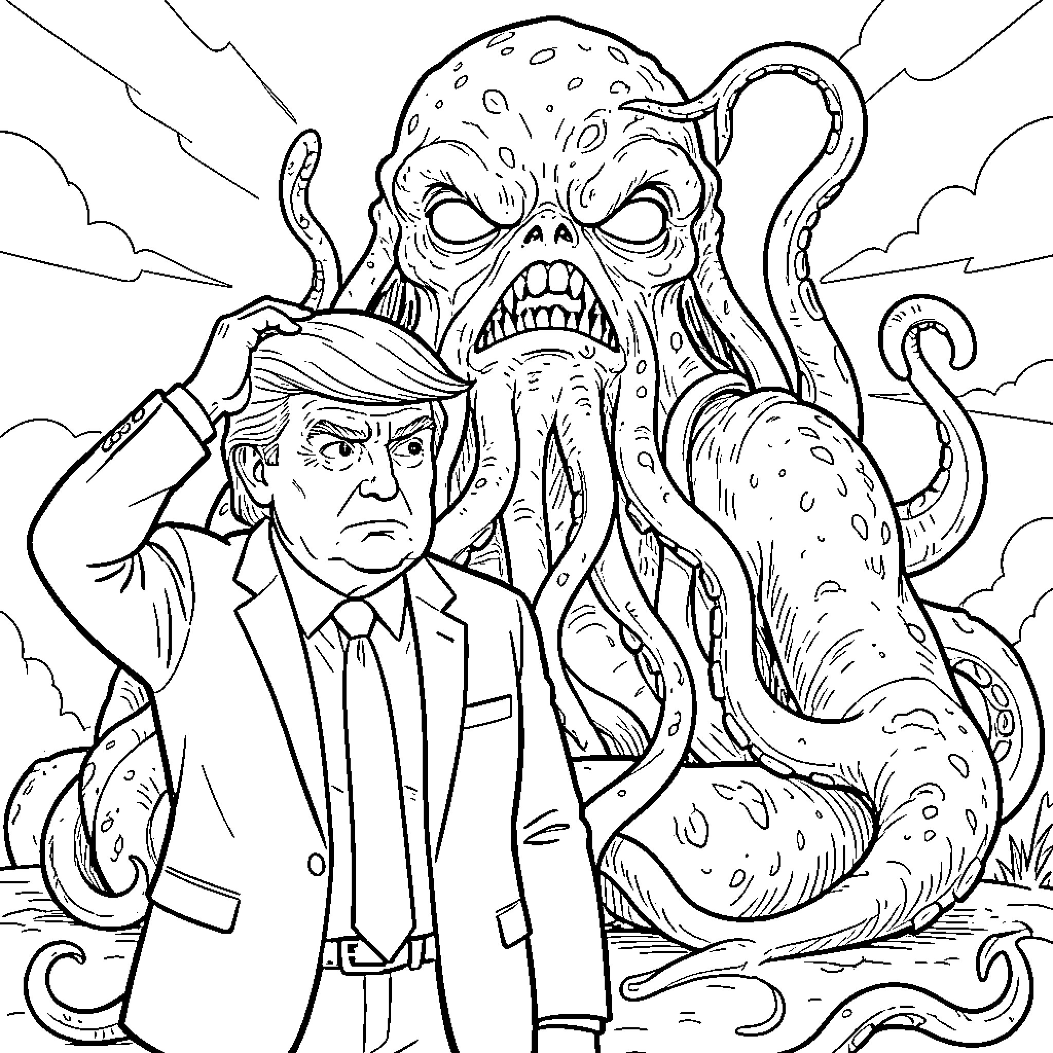 Trump looking confused while standing near a giant monster Coloring Page (free black-and-white line drawing printable PDF for all, from beginners to advanced learners, including children, teens, adults, and seniors)