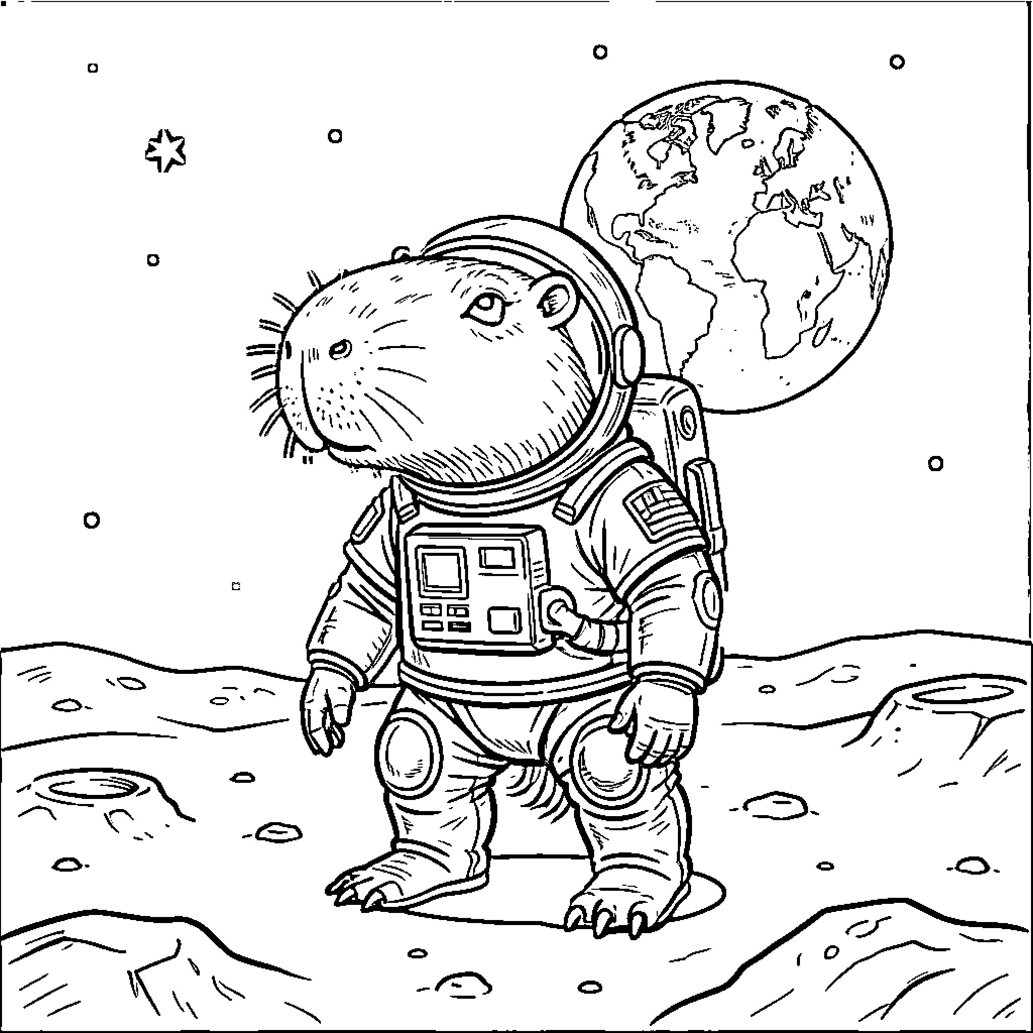 Capybara astronaut exploring the moon Coloring Page (free black-and-white line drawing printable PDF for all, from beginners to advanced learners, including children, teens, adults, and seniors)
