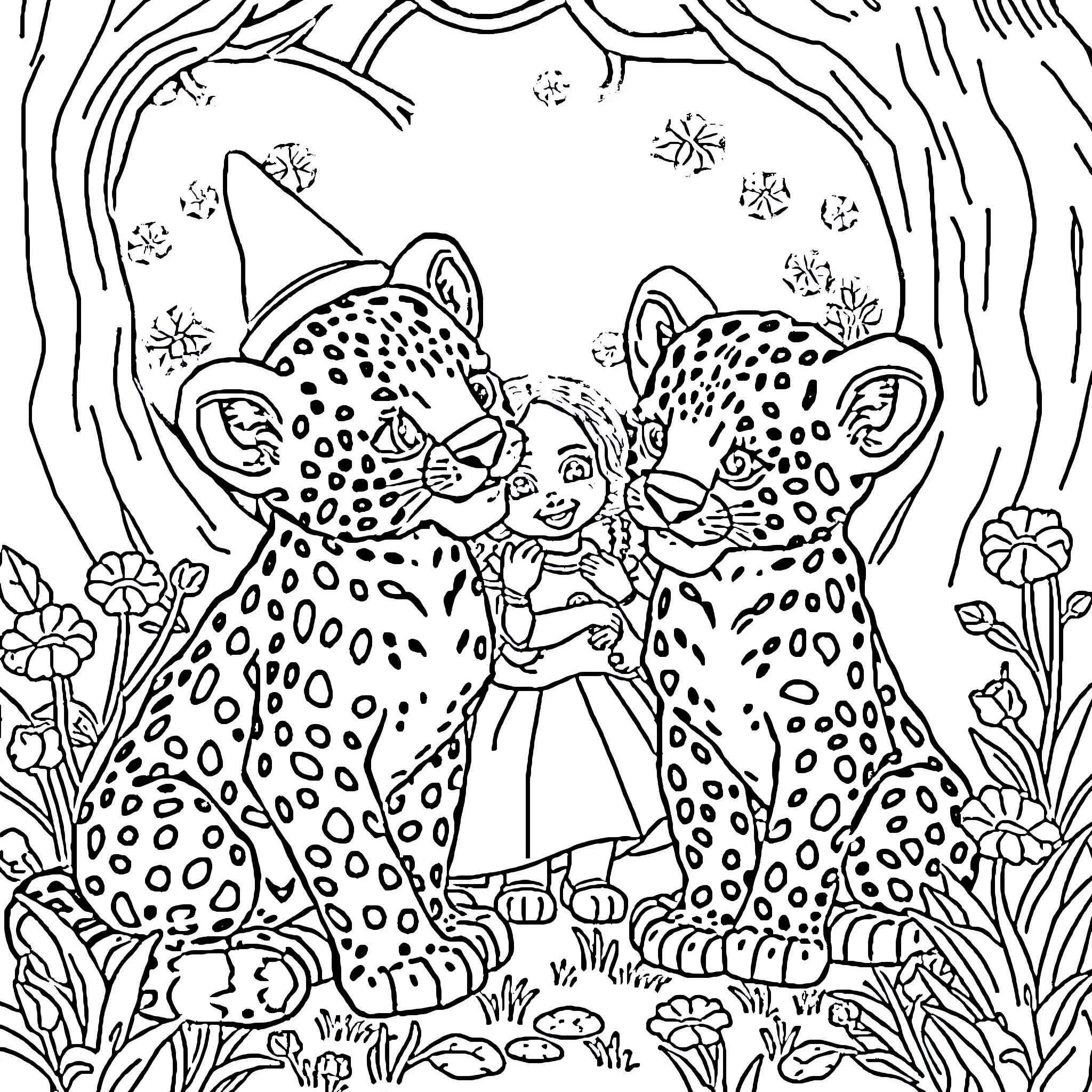 Baby Leopards playing in the forest Coloring Page (free black-and-white line drawing printable PDF for all, from beginners to advanced learners, including children, teens, adults, and seniors)
