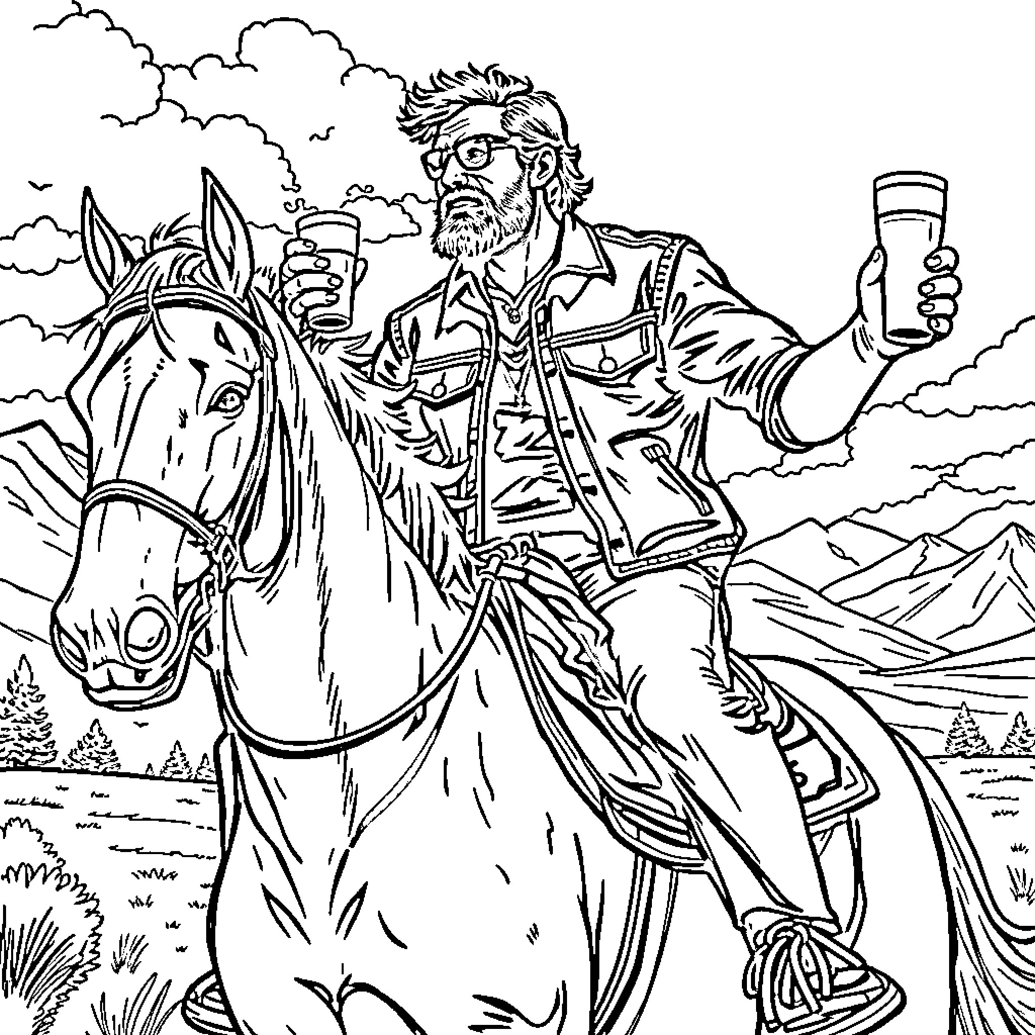 John Elway riding a horse and holding a beer Coloring Page (free black-and-white line drawing printable PDF for all, from beginners to advanced learners, including children, teens, adults, and seniors)