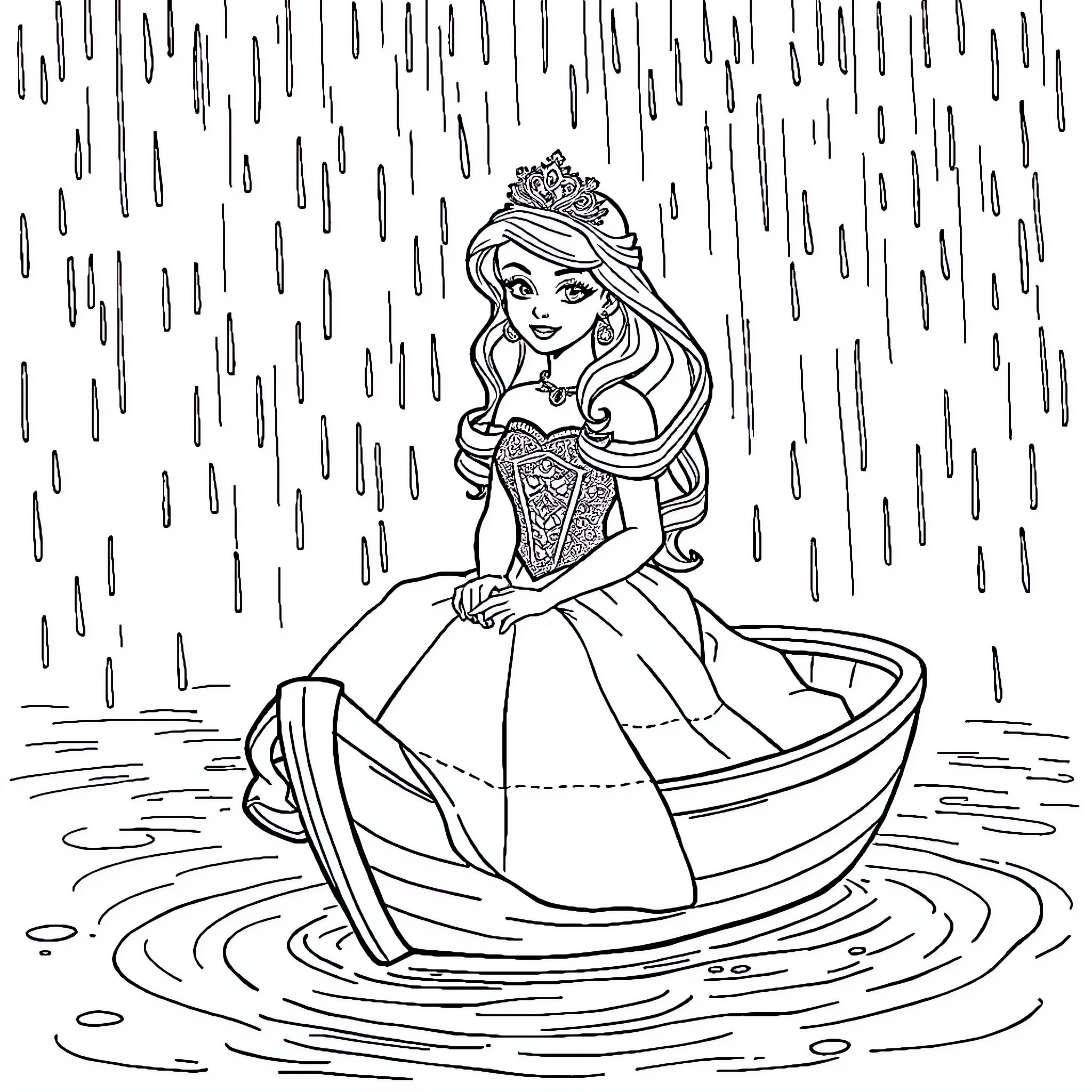 Princess in a Boat Amid the Rain Coloring Page (free black-and-white line drawing printable PDF for all, from beginners to advanced learners, including children, teens, adults, and seniors)