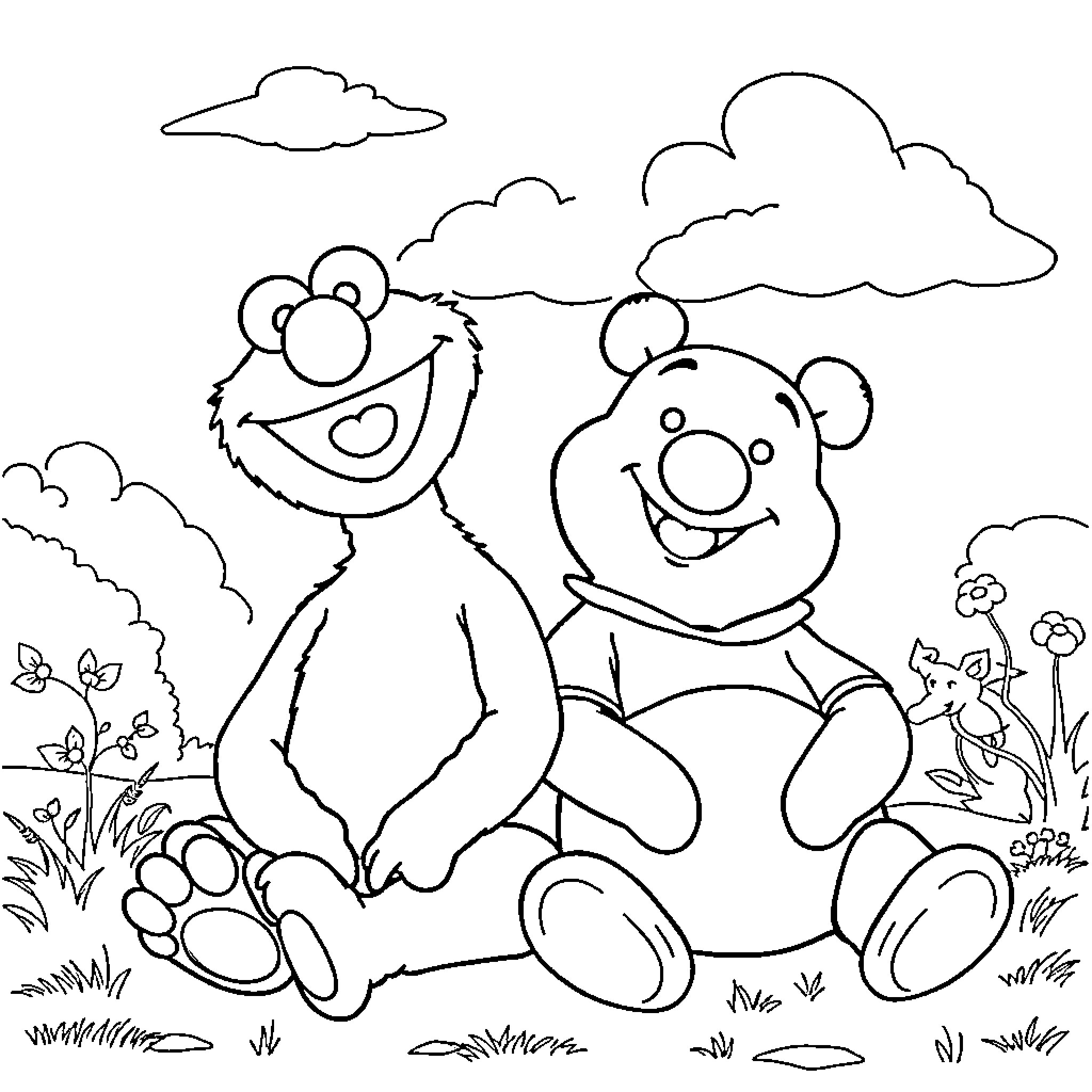 Elmo and Teddy Bear Enjoying Outdoor Adventure Coloring Page (free black-and-white line drawing printable PDF for all, from beginners to advanced learners, including children, teens, adults, and seniors)