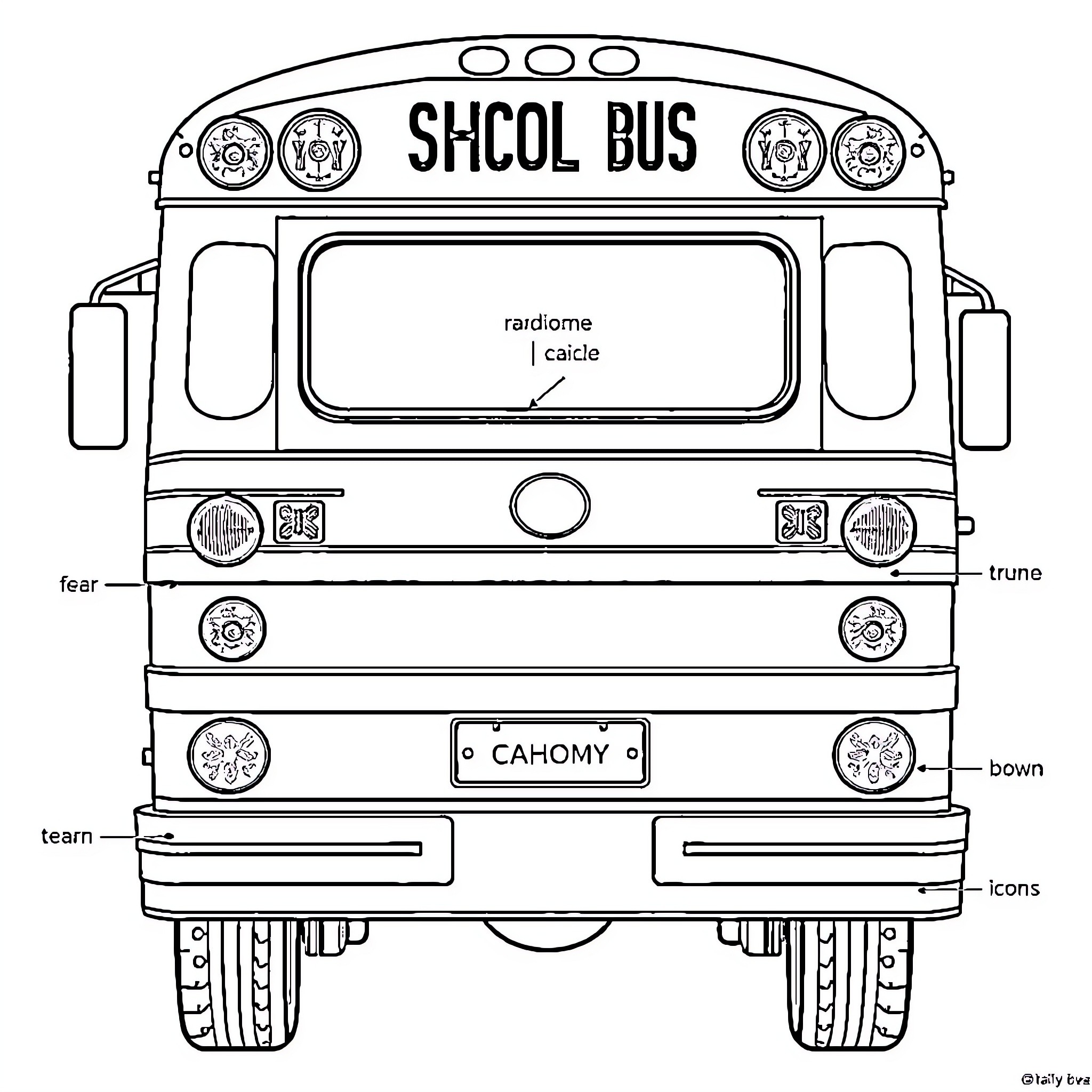 School Bus with Labeled Parts Coloring Page (free black-and-white line drawing printable PDF for all, from beginners to advanced learners, including children, teens, adults, and seniors)
