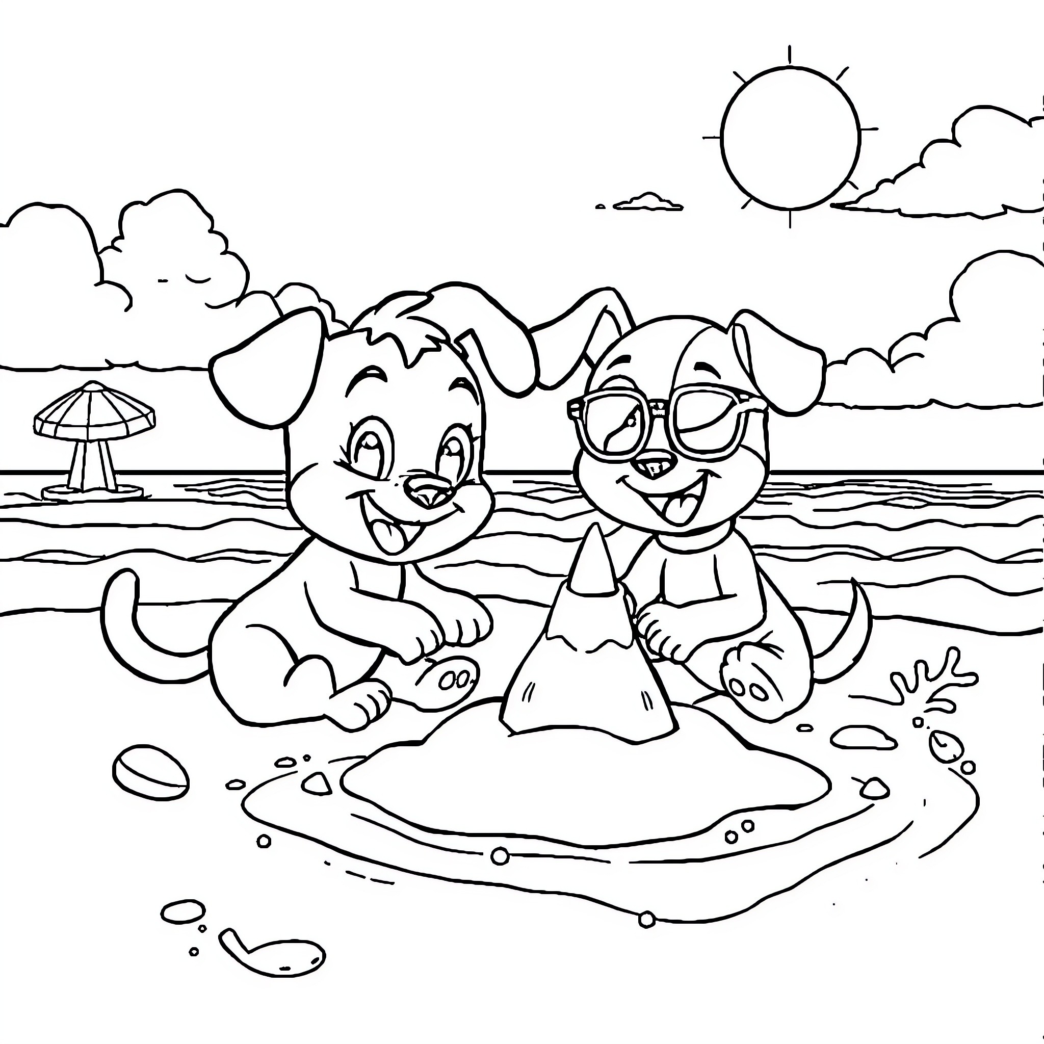 Bluey's Beach Day Adventure Coloring Page (free black-and-white line drawing printable PDF for all, from beginners to advanced learners, including children, teens, adults, and seniors)