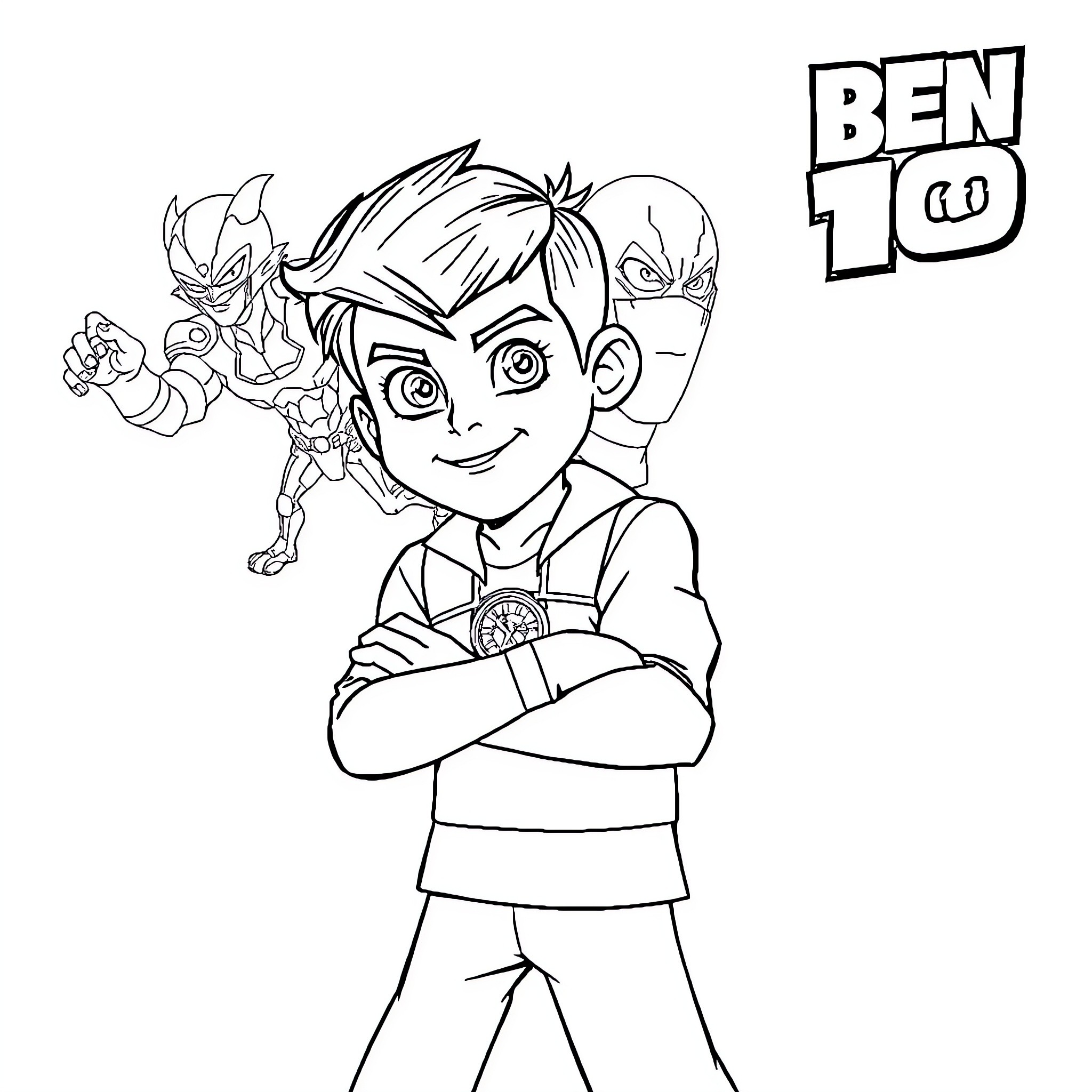 Ben 10 striking a confident pose with alien heroes Coloring Page (free black-and-white line drawing printable PDF for all, from beginners to advanced learners, including children, teens, adults, and seniors)