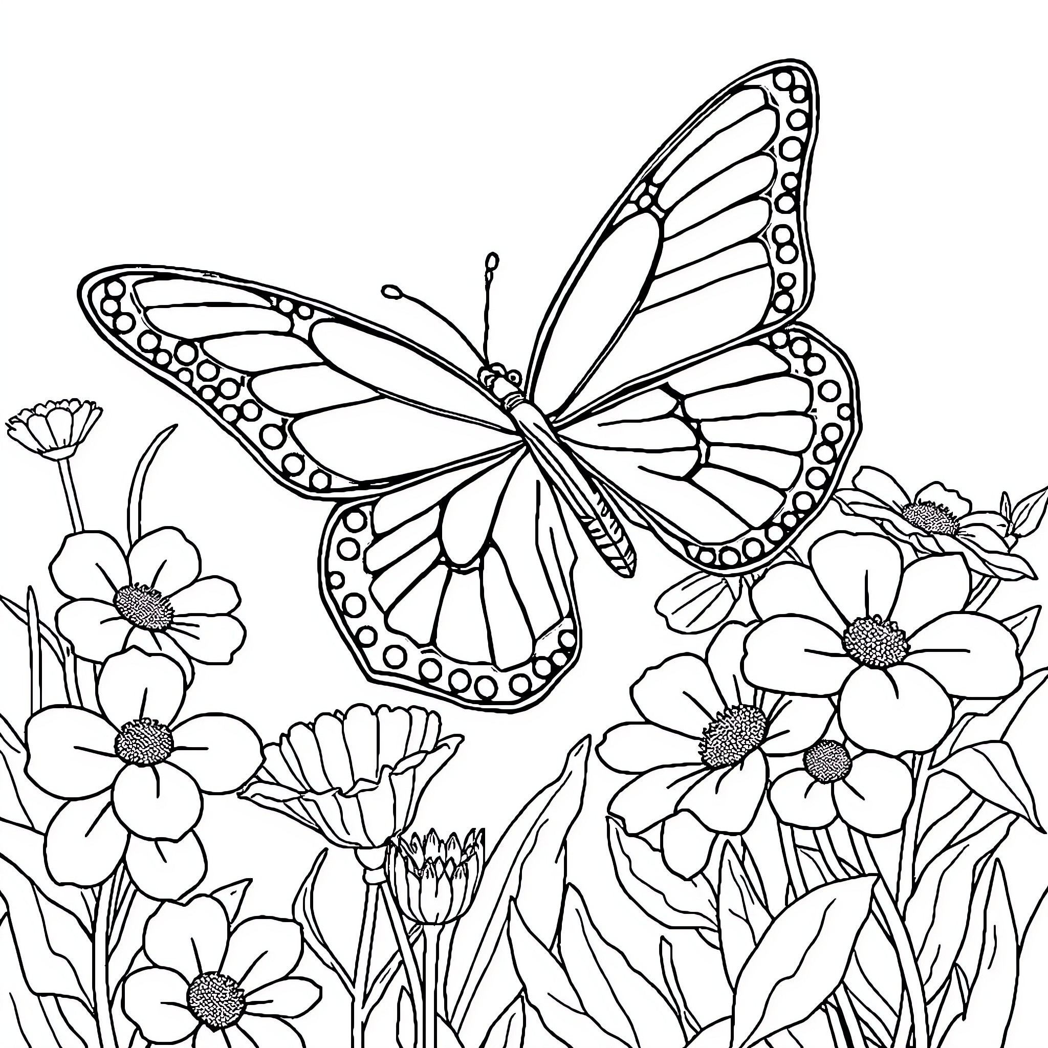 Butterfly floating above colorful flowers Coloring Page (free black-and-white line drawing printable PDF for all, from beginners to advanced learners, including children, teens, adults, and seniors)