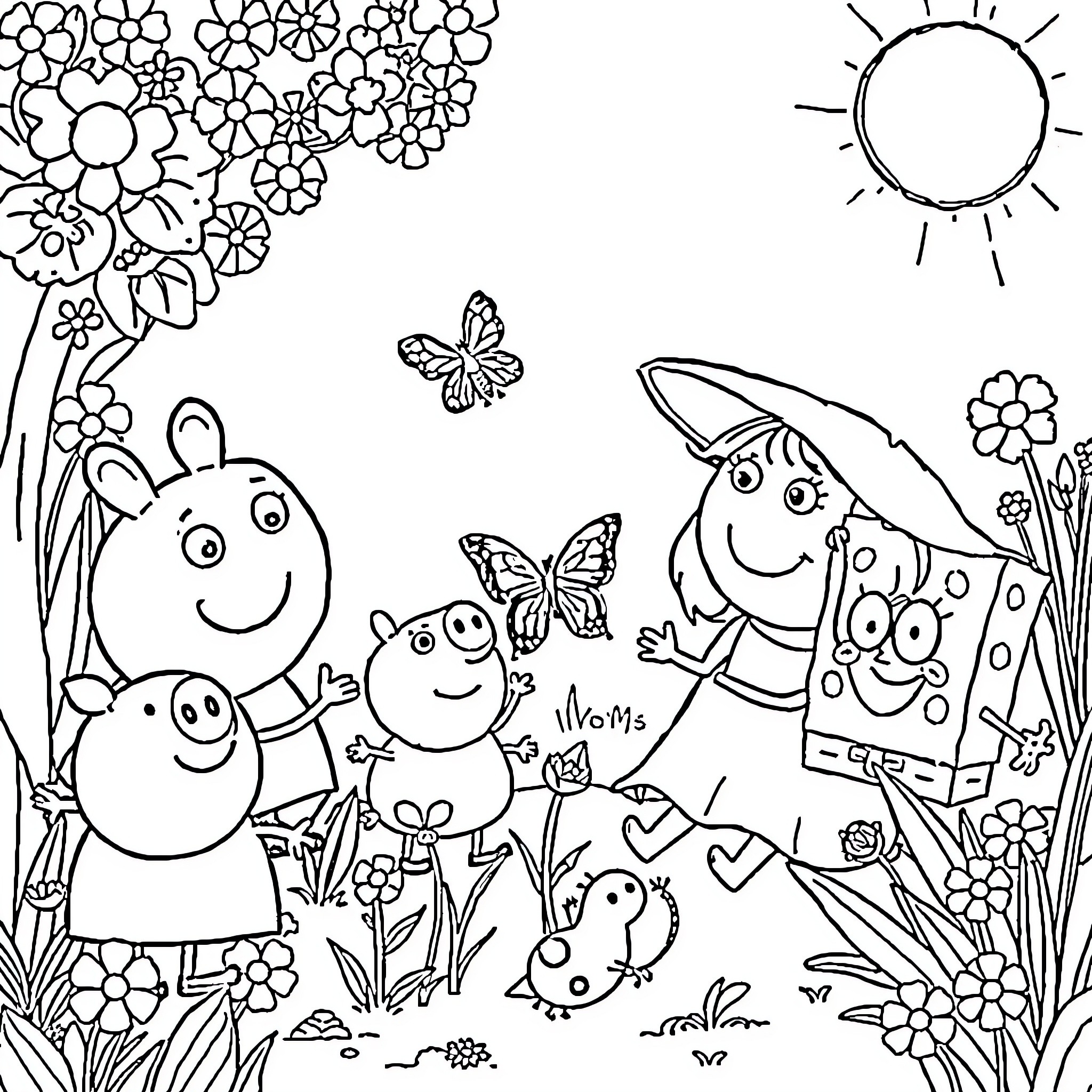 Peppa Pig and friends explore the beautiful garden Coloring Page (free black-and-white line drawing printable PDF for all, from beginners to advanced learners, including children, teens, adults, and seniors)