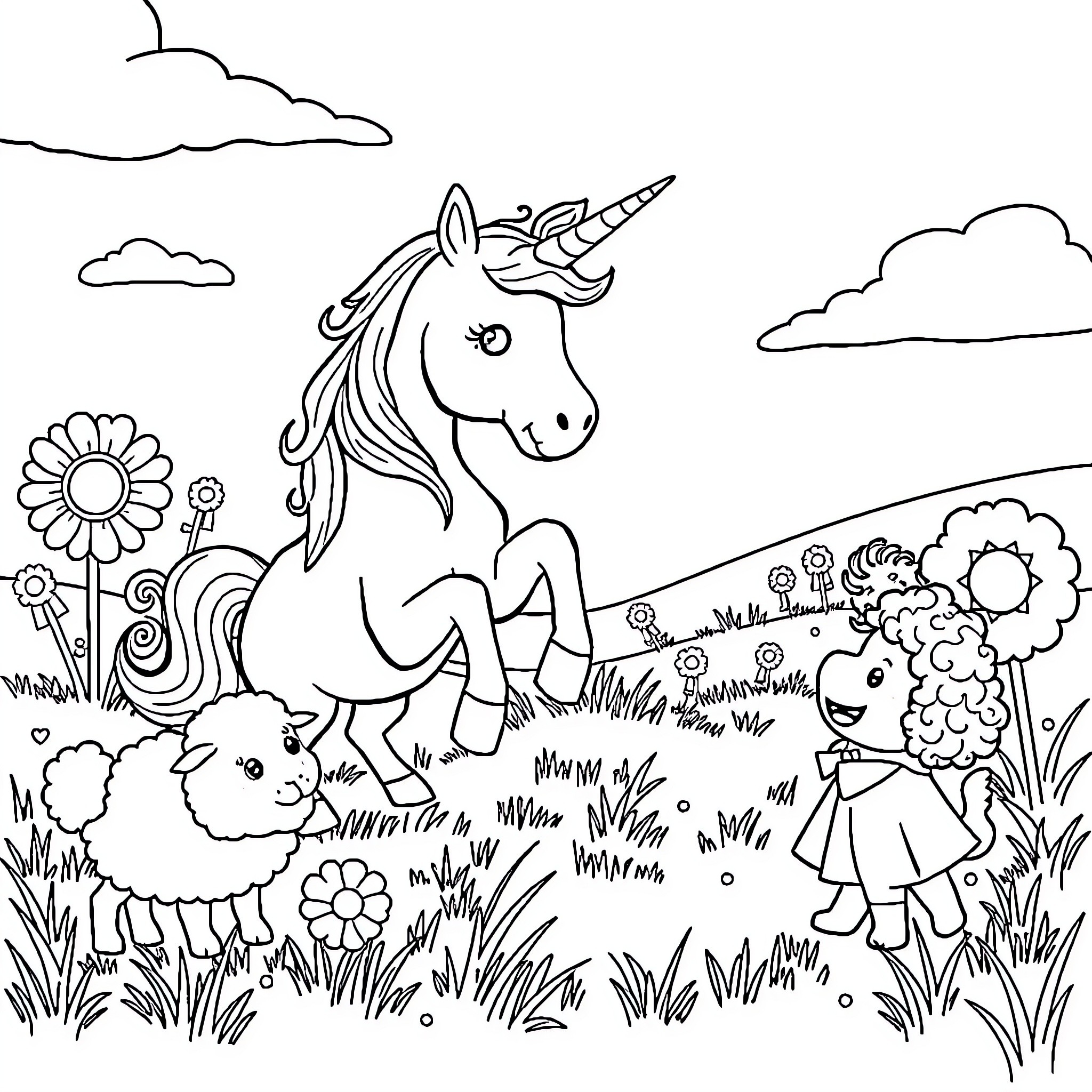 Unicorn frolicking through a meadow with flowers Coloring Page (free black-and-white line drawing printable PDF for all, from beginners to advanced learners, including children, teens, adults, and seniors)