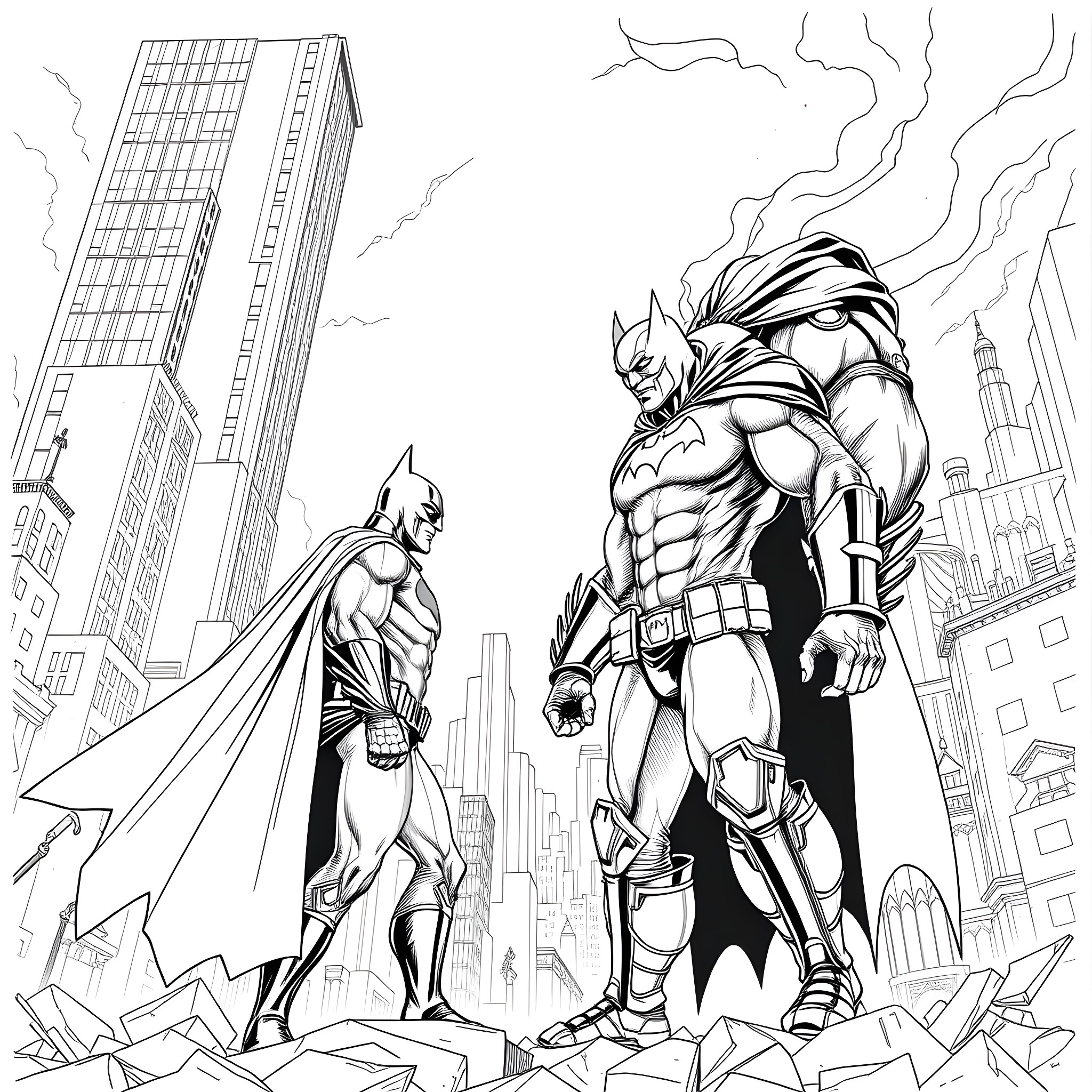 Bane confronting a determined Batman in the city Coloring Page (free black-and-white line drawing printable PDF for all, from beginners to advanced learners, including children, teens, adults, and seniors)