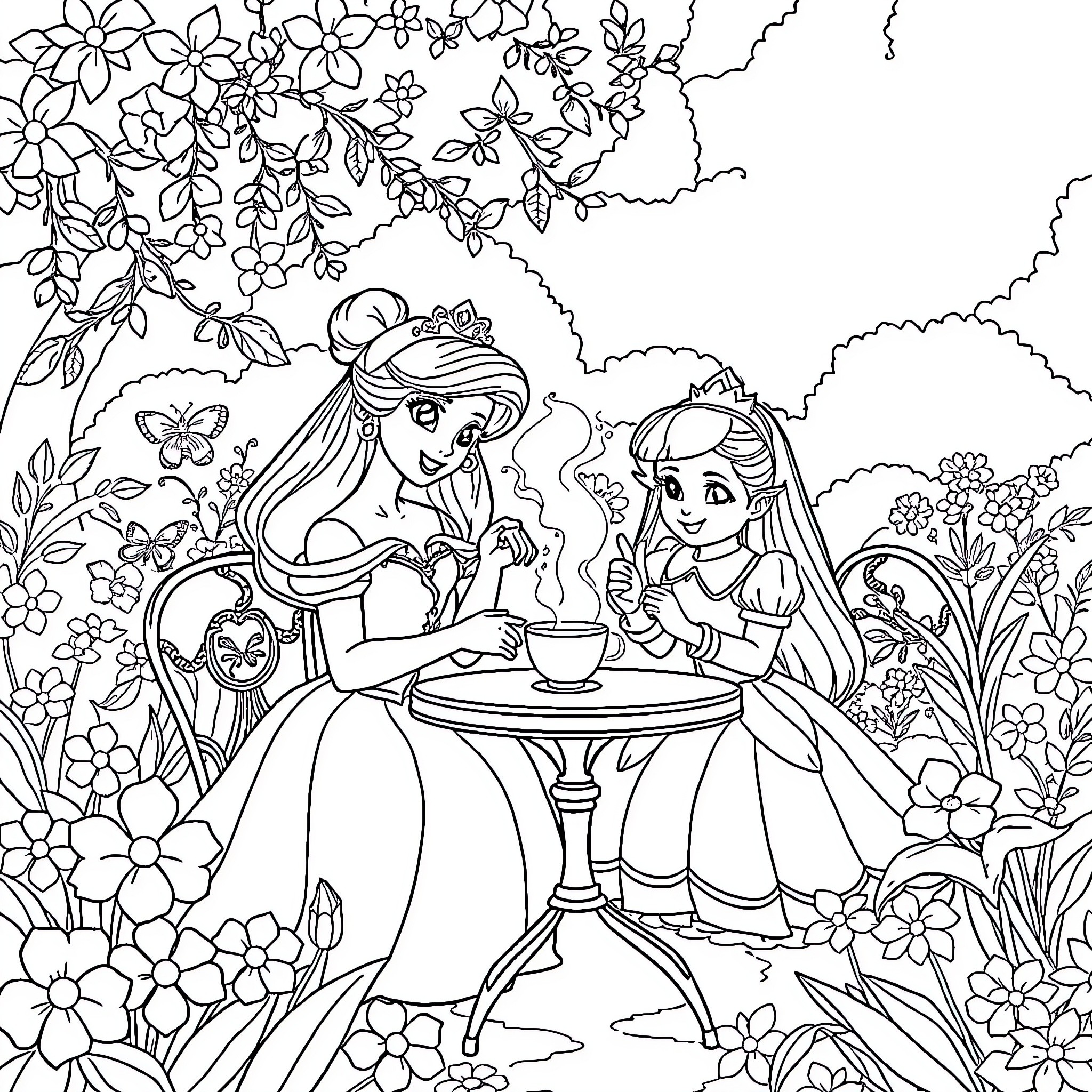 Princess Tea Party in the Garden Coloring Page (free black-and-white line drawing printable PDF for all, from beginners to advanced learners, including children, teens, adults, and seniors)