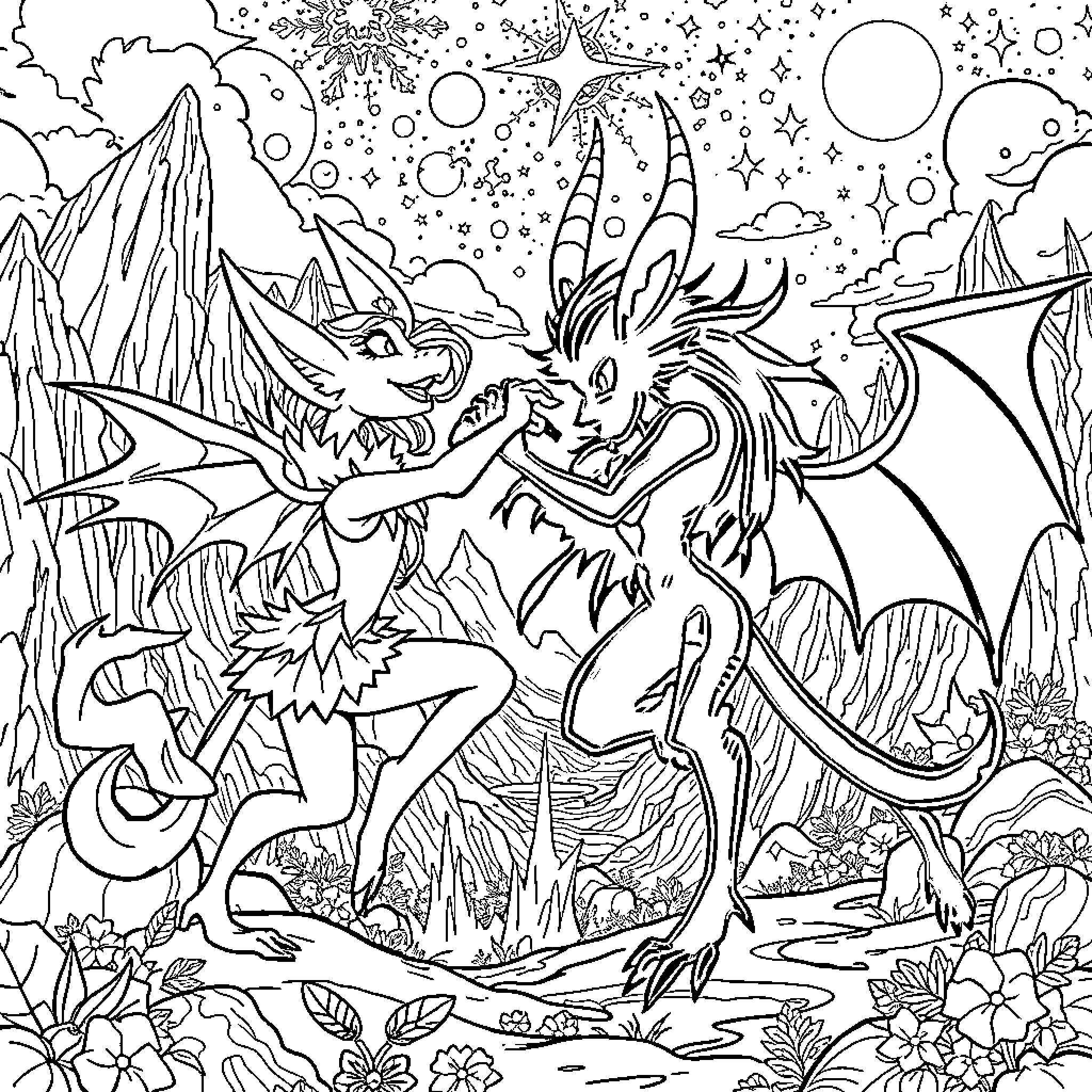 Vee Dragons Battling in Fantastical Landscape Coloring Page (free black-and-white line drawing printable PDF for all, from beginners to advanced learners, including children, teens, adults, and seniors)