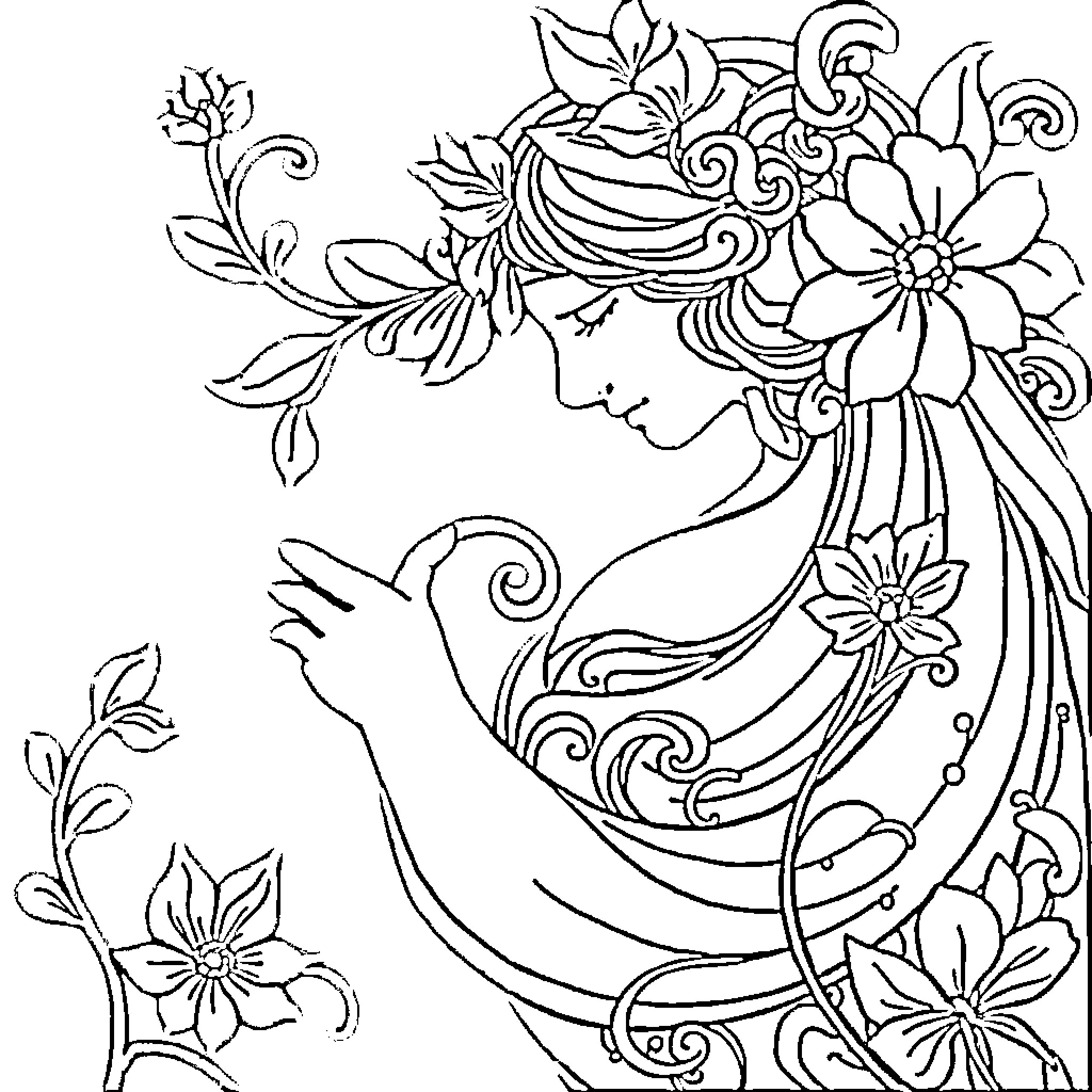 Art Nouveau Beauty Surrounded by Floral Elements Coloring Page (free black-and-white line drawing printable PDF for all, from beginners to advanced learners, including children, teens, adults, and seniors)