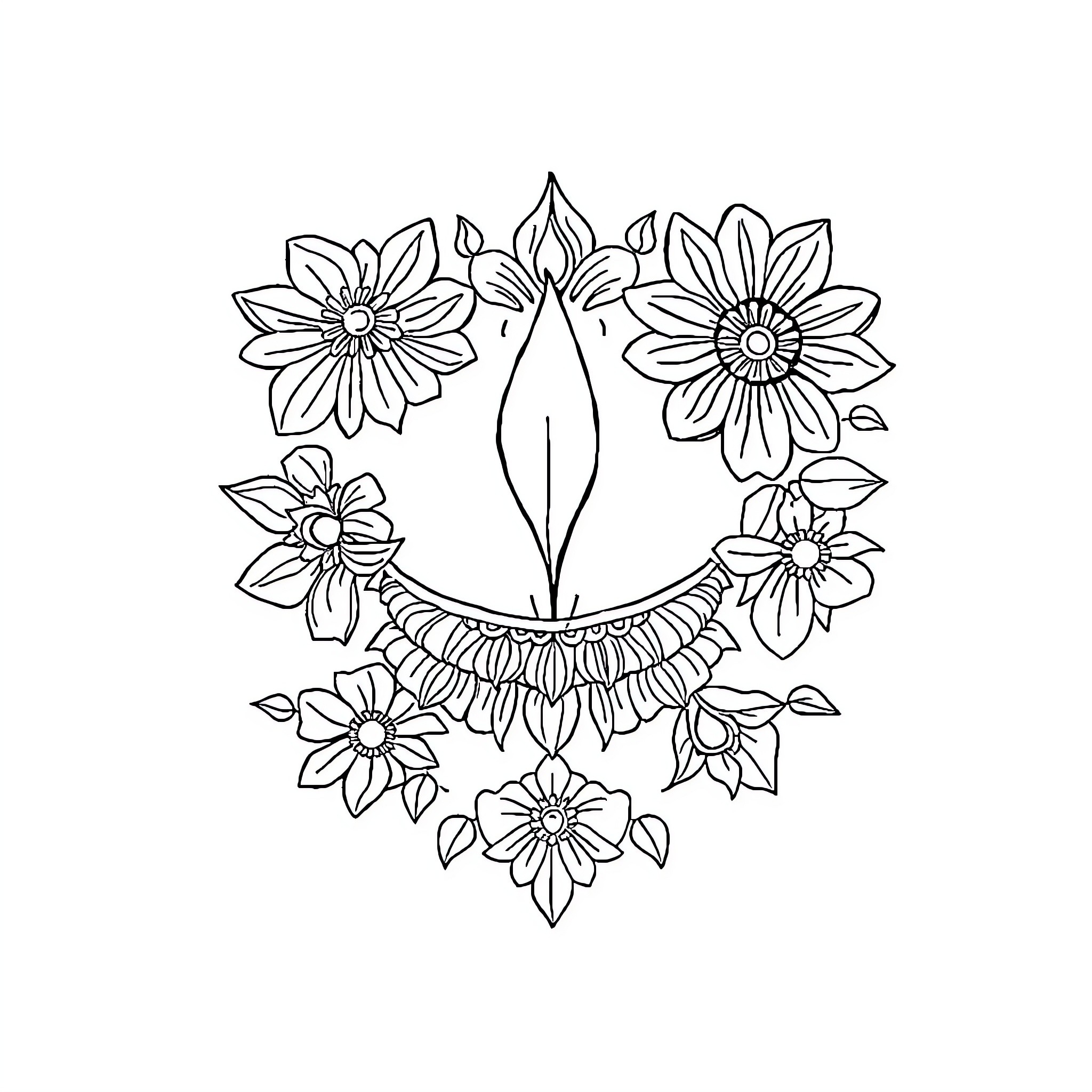 Self Care Floral Wreath with Intricate Blooms Coloring Page (free black-and-white line drawing printable PDF for all, from beginners to advanced learners, including children, teens, adults, and seniors)