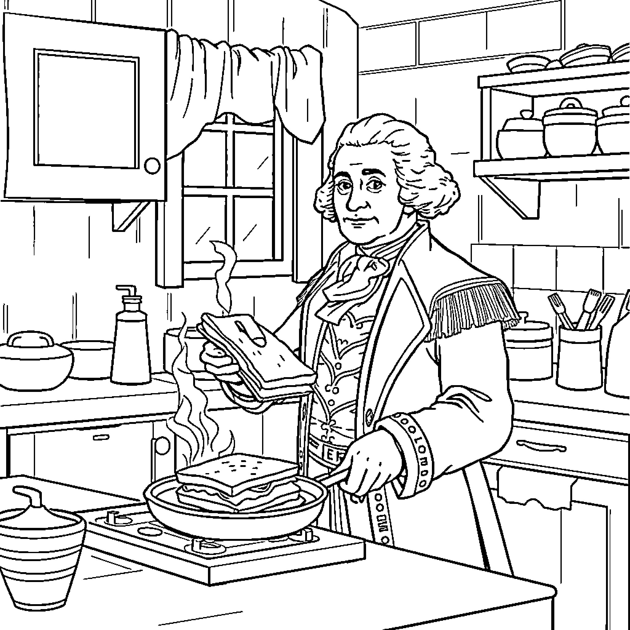 George Washington Cooking in the Kitchen Coloring Page (free black-and-white line drawing printable PDF for all, from beginners to advanced learners, including children, teens, adults, and seniors)