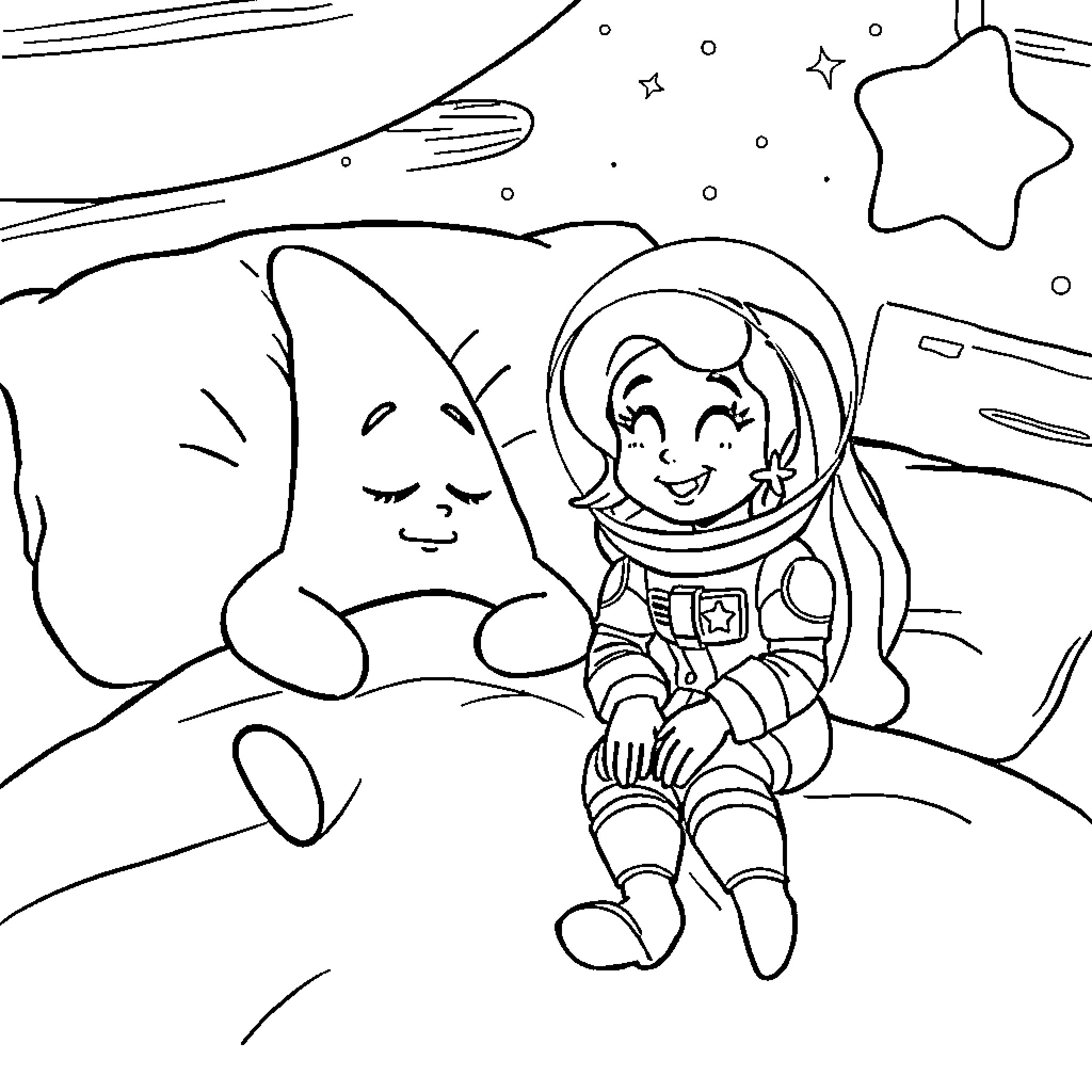 Patrick Star and the Astronaut Girl in Space Coloring Page (free black-and-white line drawing printable PDF for all, from beginners to advanced learners, including children, teens, adults, and seniors)
