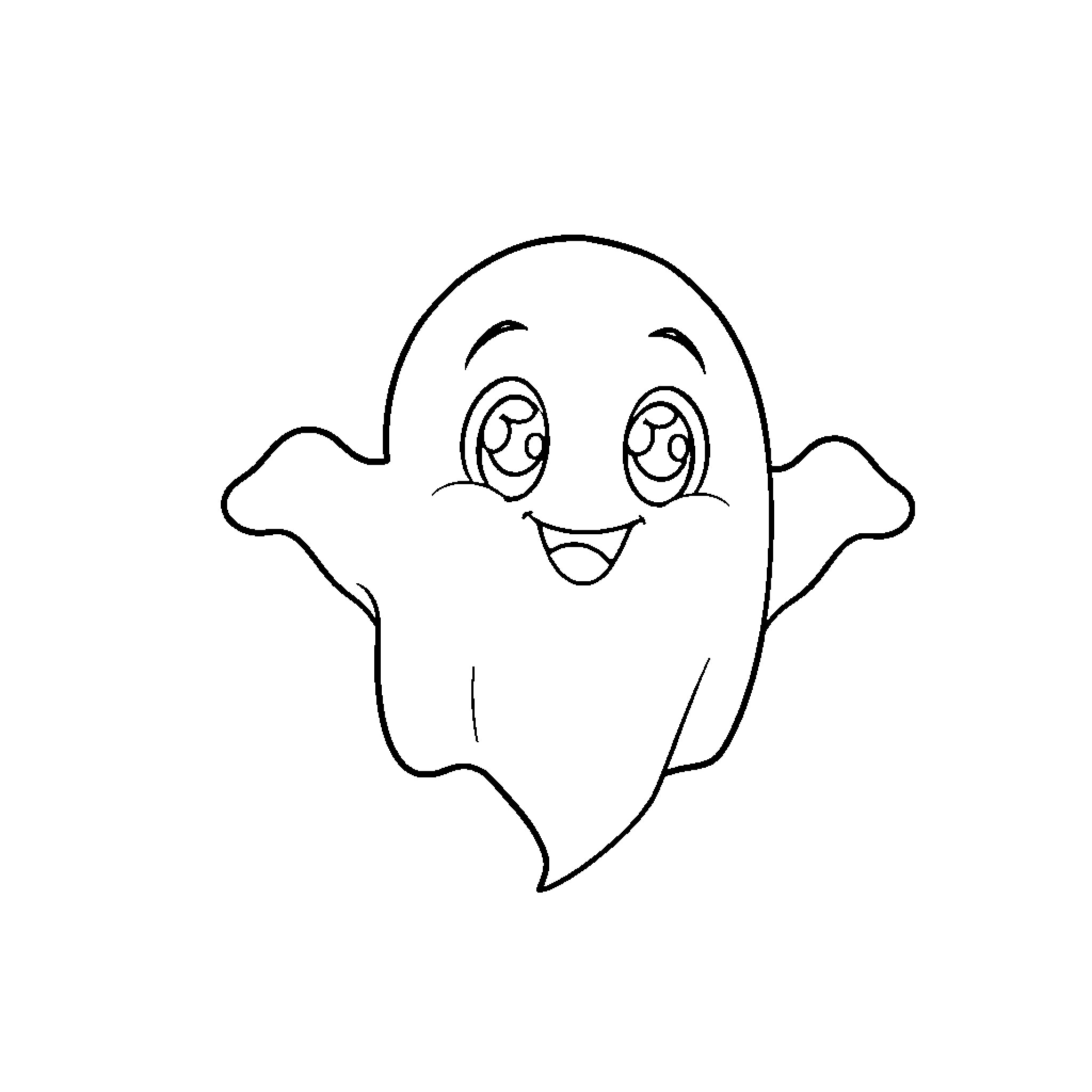 Ghost with a cheerful expression Coloring Page (free black-and-white line drawing printable PDF for all, from beginners to advanced learners, including children, teens, adults, and seniors)