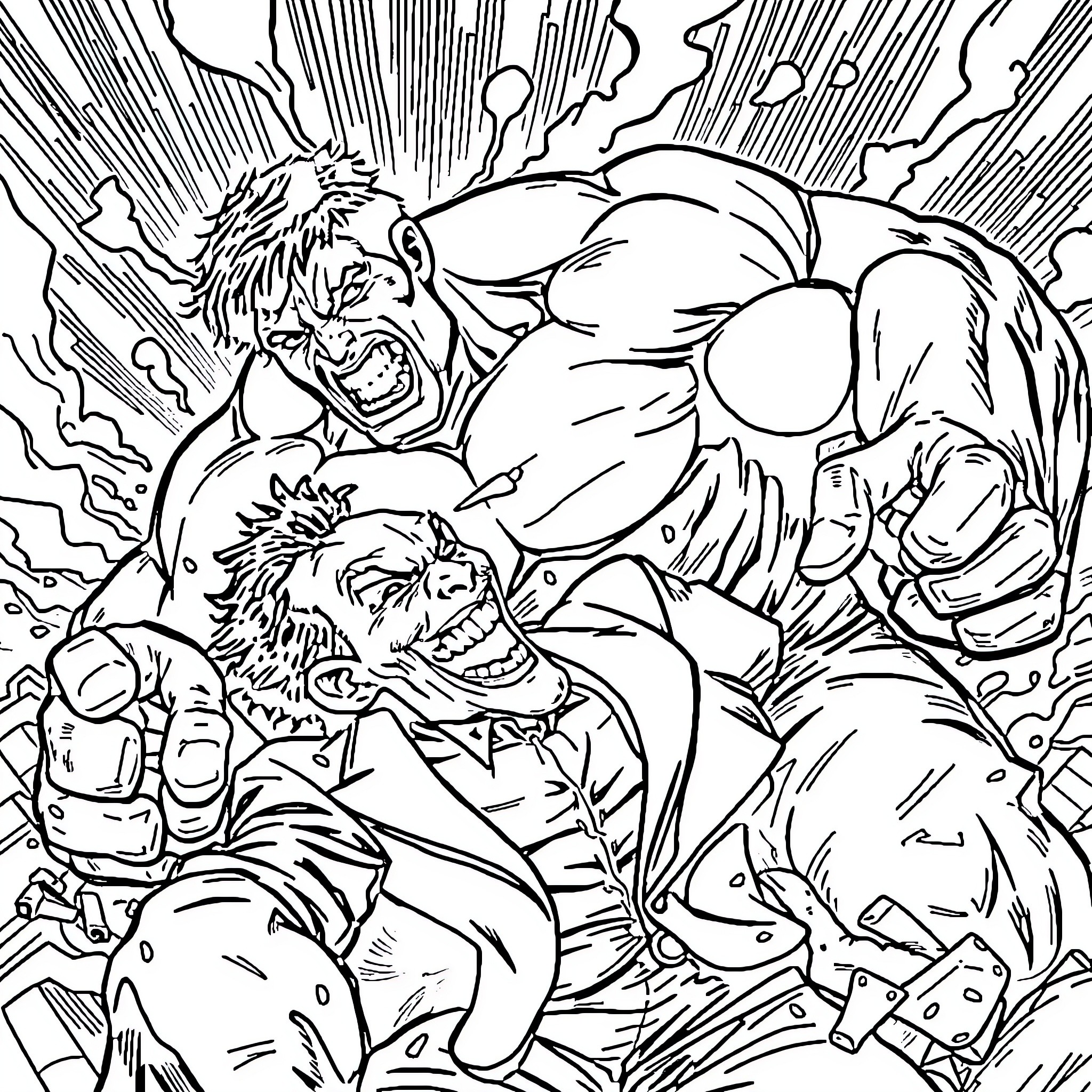 Hulk battling fiercely with muscular foe Coloring Page (free black-and-white line drawing printable PDF for all, from beginners to advanced learners, including children, teens, adults, and seniors)