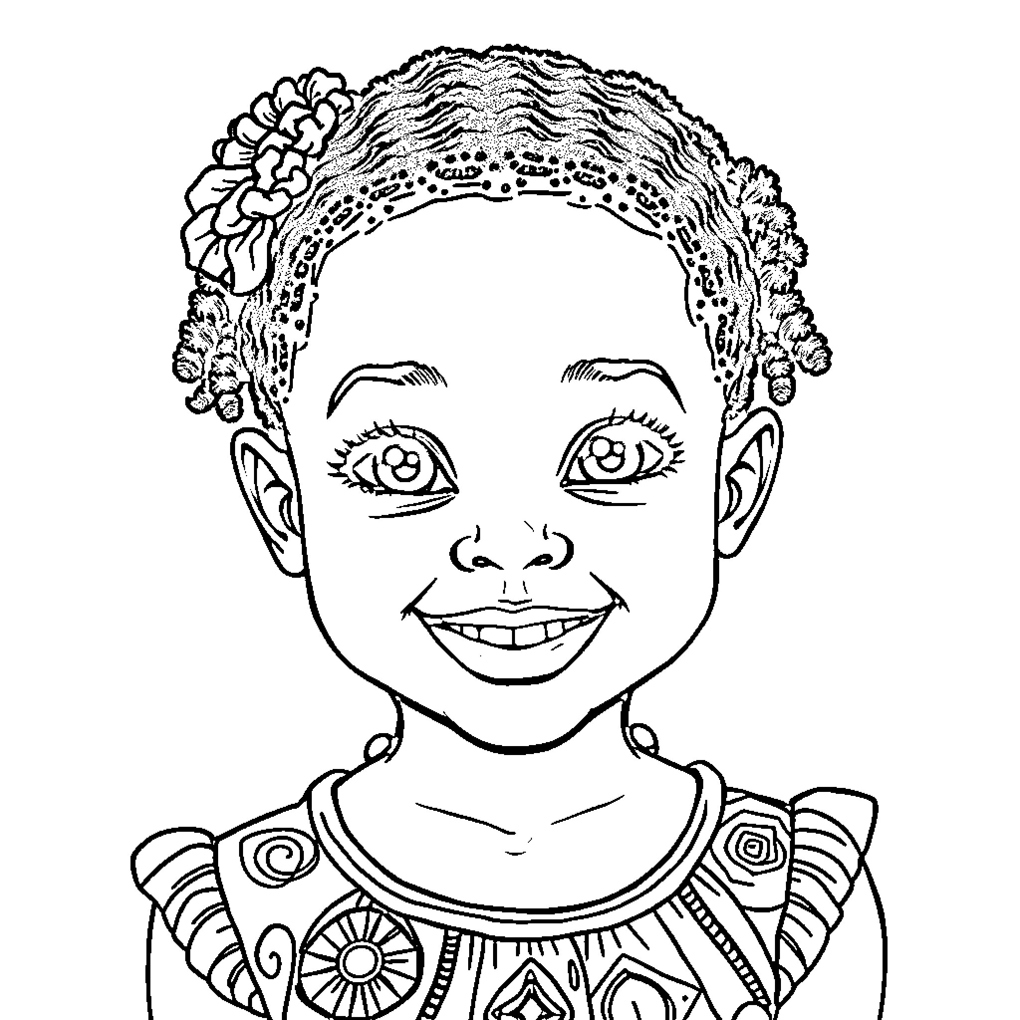 Girl with patterned clothing and hairstyle Coloring Page (free black-and-white line drawing printable PDF for all, from beginners to advanced learners, including children, teens, adults, and seniors)