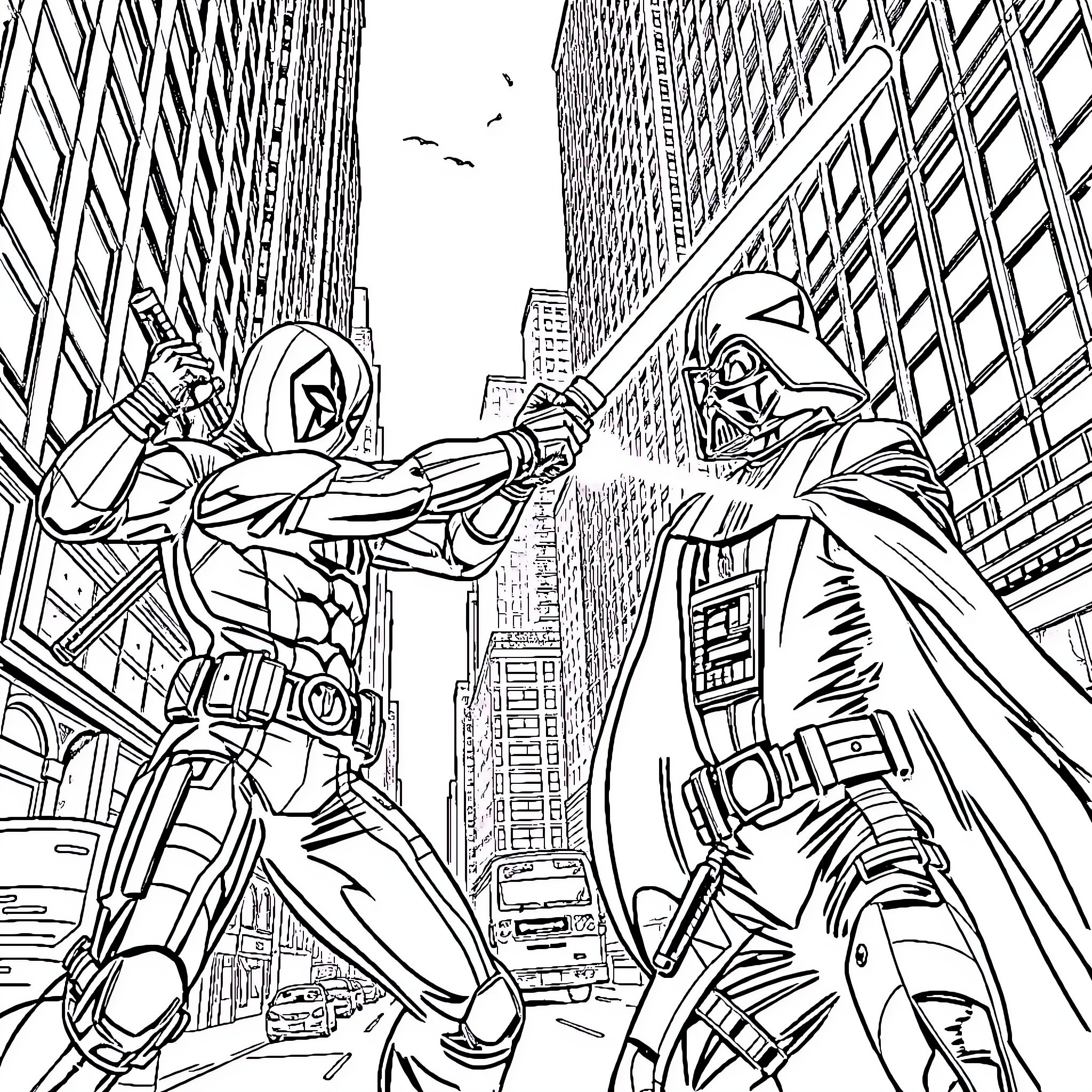 Deadpool Battles the Mysterious Hooded Figure in the City Coloring Page (free black-and-white line drawing printable PDF for all, from beginners to advanced learners, including children, teens, adults, and seniors)