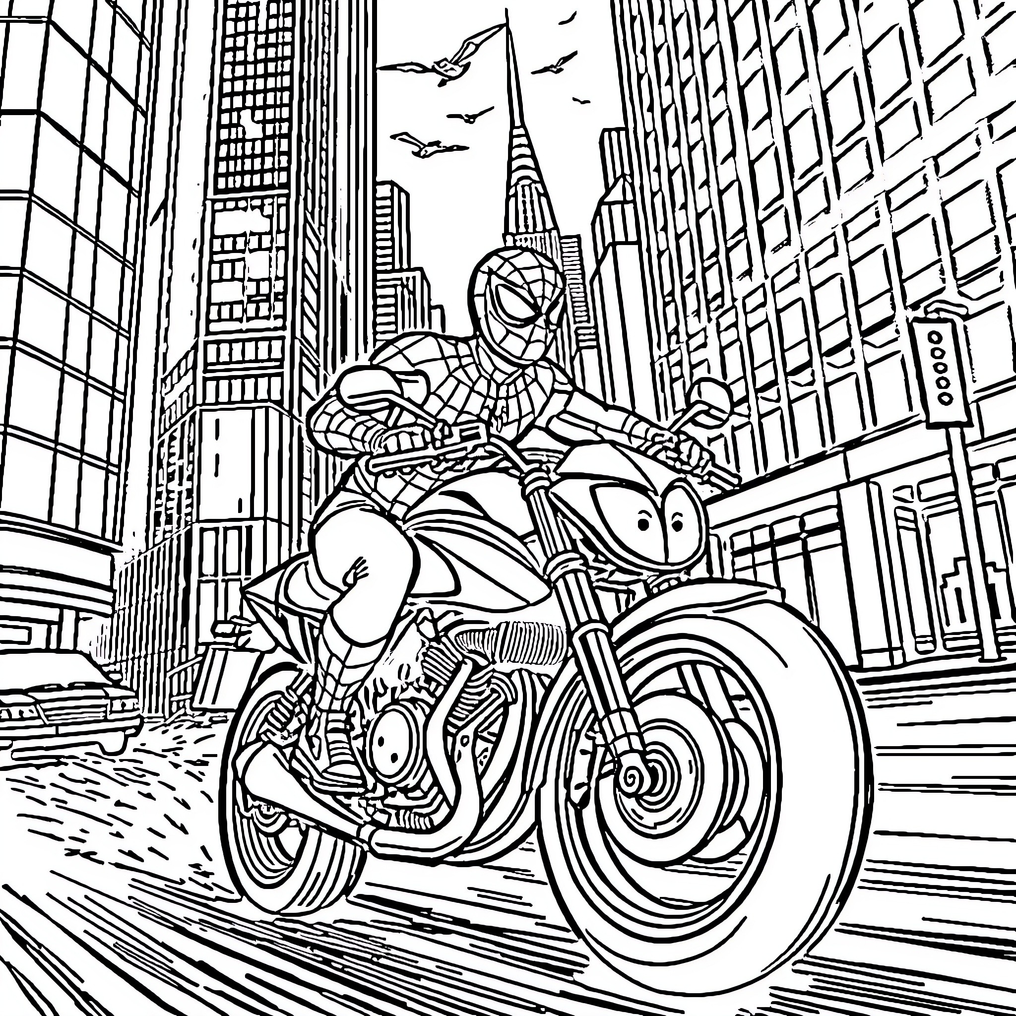 Spiderman riding motorcycle through cityscape Coloring Page (free black-and-white line drawing printable PDF for all, from beginners to advanced learners, including children, teens, adults, and seniors)