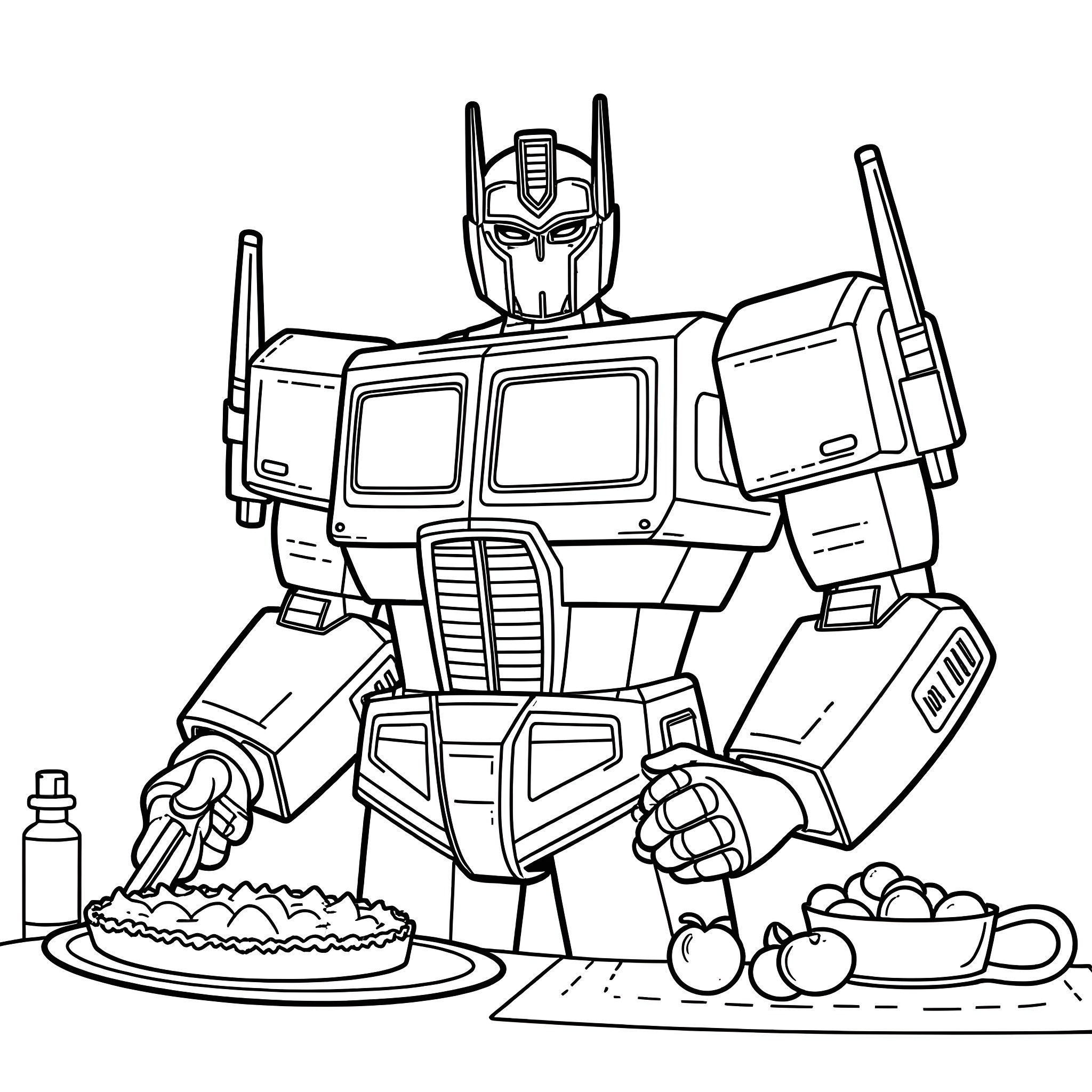 Optimus Prime Preparing a Meal Coloring Page (free black-and-white line drawing printable PDF for all, from beginners to advanced learners, including children, teens, adults, and seniors)