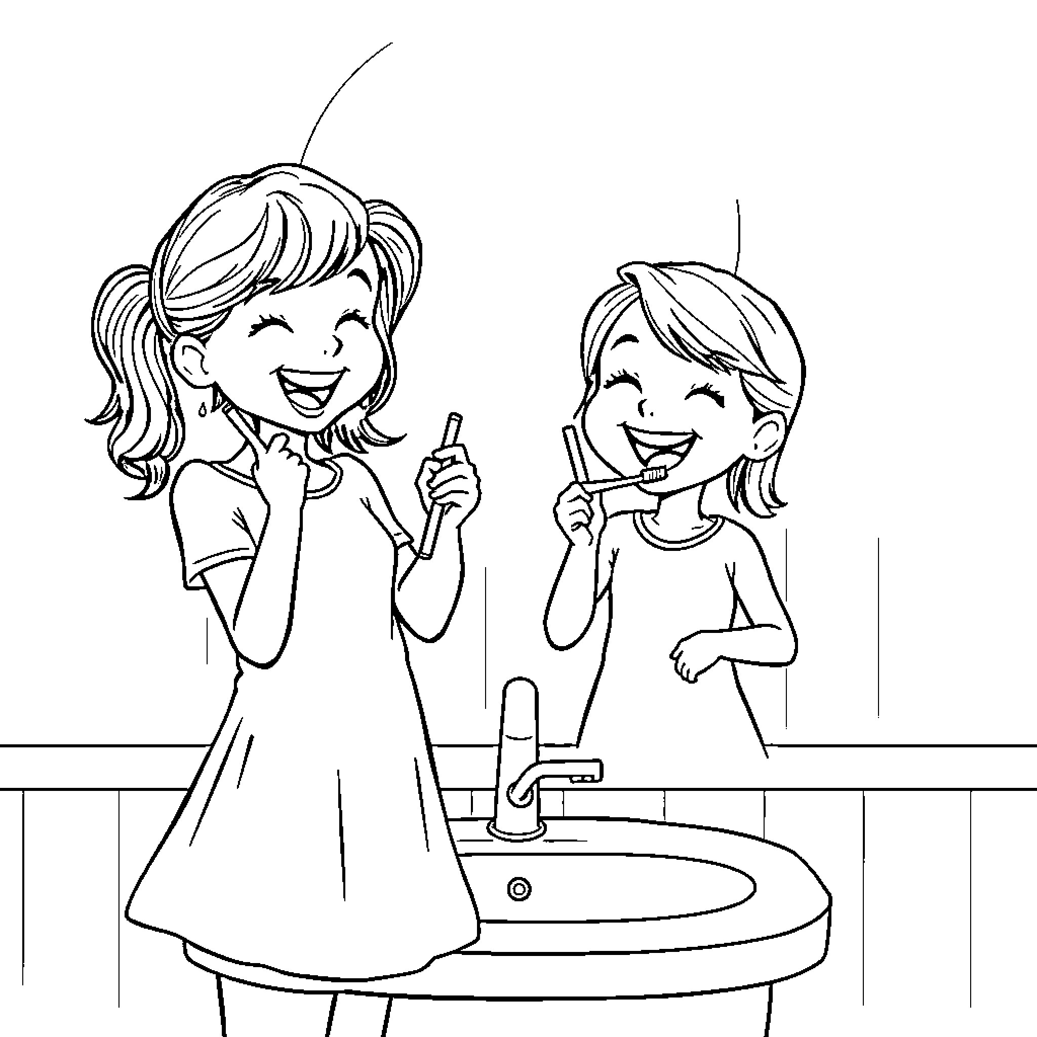 Children brushing their teeth joyfully Coloring Page (free black-and-white line drawing printable PDF for all, from beginners to advanced learners, including children, teens, adults, and seniors)
