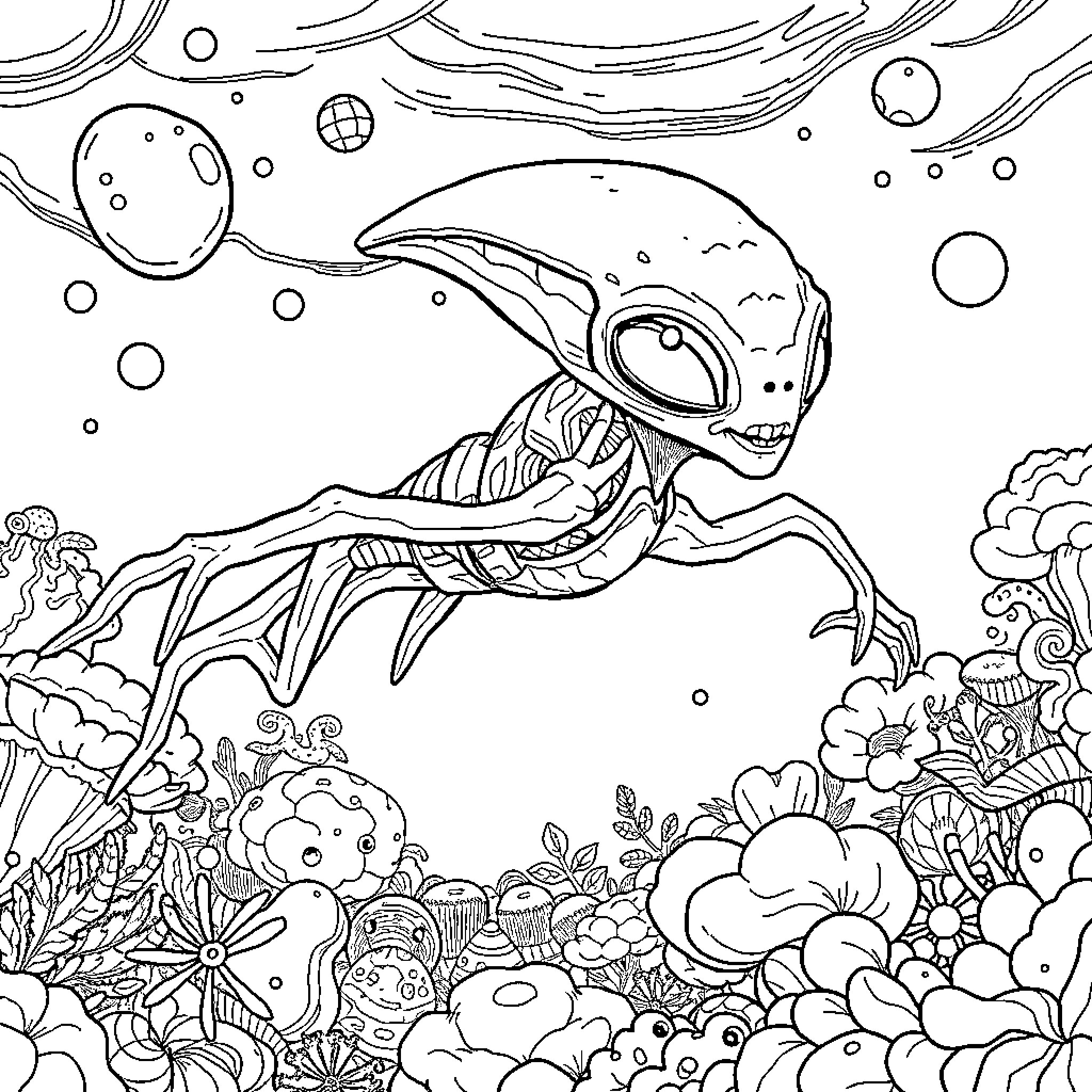 Alien creature exploring the deep sea environment Coloring Page (free black-and-white line drawing printable PDF for all, from beginners to advanced learners, including children, teens, adults, and seniors)