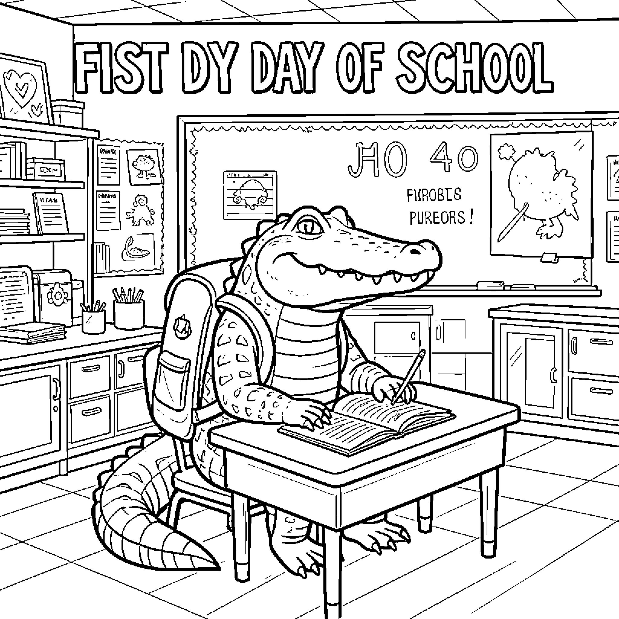 Alligator sitting at a desk writing in a notebook Coloring Page (free black-and-white line drawing printable PDF for all, from beginners to advanced learners, including children, teens, adults, and seniors)