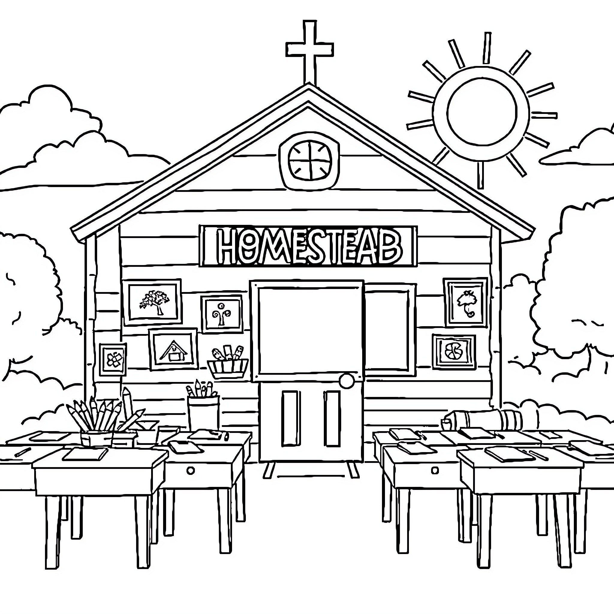 Schoolhouse with Homstead signage and outdoor scene Coloring Page (free black-and-white line drawing printable PDF for all, from beginners to advanced learners, including children, teens, adults, and seniors)
