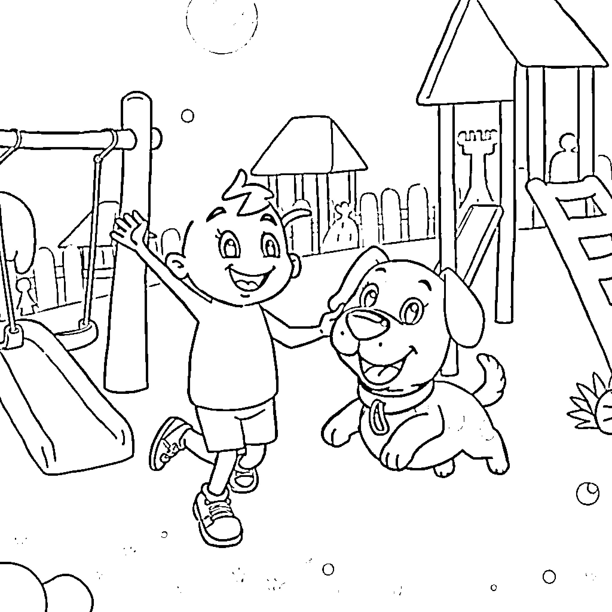 Jay Jay playing happily with his dog at the playground Coloring Page (free black-and-white line drawing printable PDF for all, from beginners to advanced learners, including children, teens, adults, and seniors)