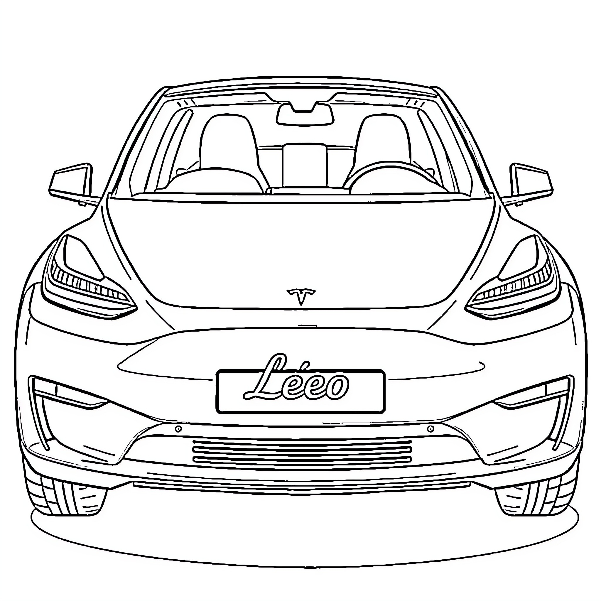 Tesla Model Y front view with interior visible Coloring Page (free black-and-white line drawing printable PDF for all, from beginners to advanced learners, including children, teens, adults, and seniors)