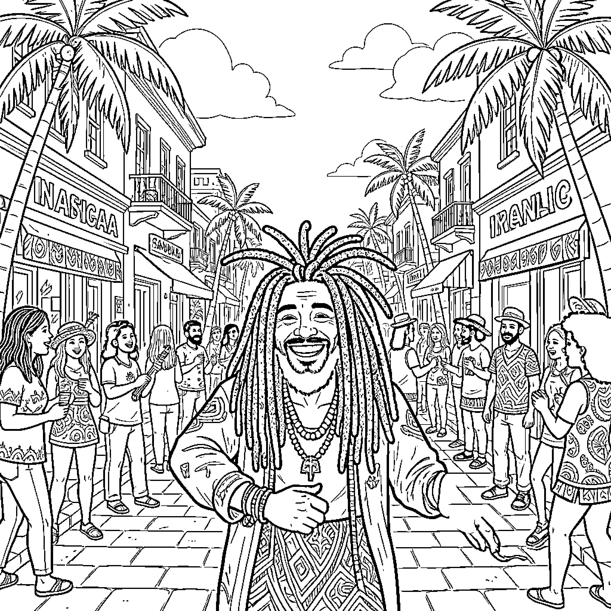 Rastafari Celebration in Vibrant Street Scene Coloring Page (free black-and-white line drawing printable PDF for all, from beginners to advanced learners, including children, teens, adults, and seniors)