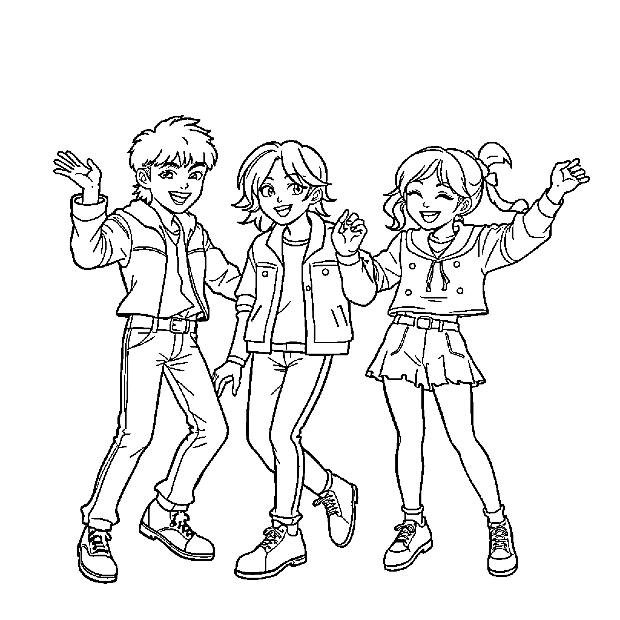K-pop Star Trio Celebrating Joyfully Coloring Page (free black-and-white line drawing printable PDF for all, from beginners to advanced learners, including children, teens, adults, and seniors)