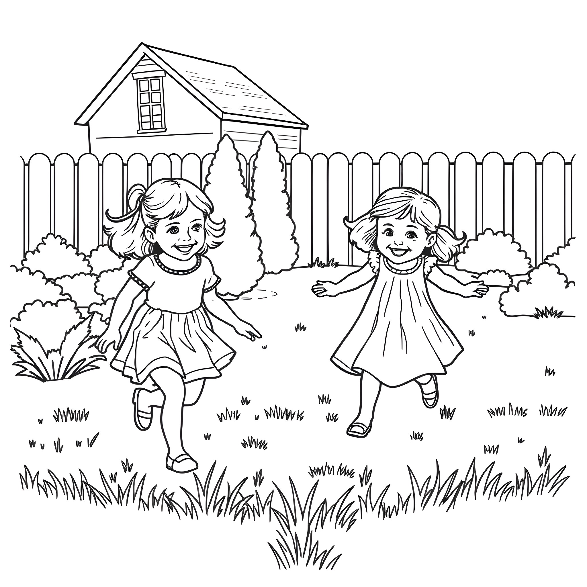 Daughter's Joyful Playtime in the Backyard Coloring Page (free black-and-white line drawing printable PDF for all, from beginners to advanced learners, including children, teens, adults, and seniors)