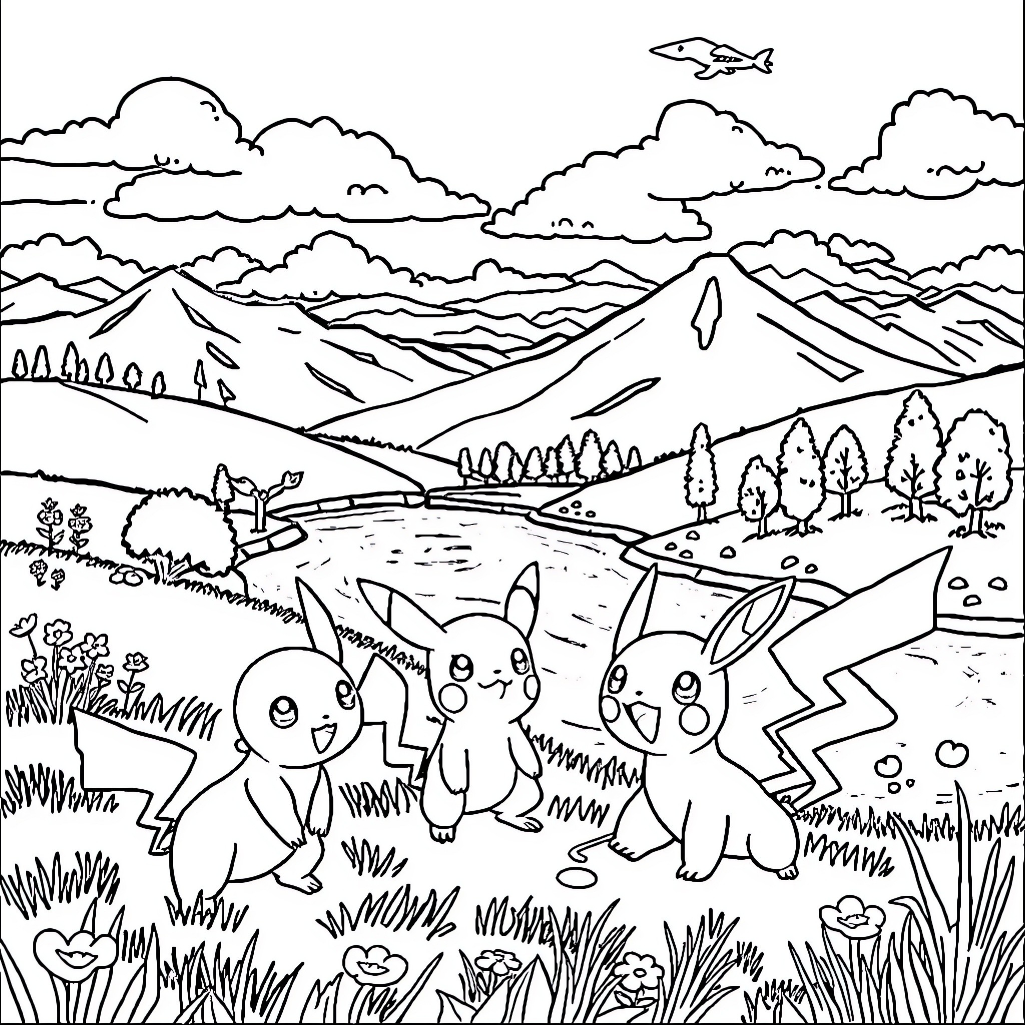 Pokémon Exploring Scenic Landscape Coloring Page (free black-and-white line drawing printable PDF for all, from beginners to advanced learners, including children, teens, adults, and seniors)