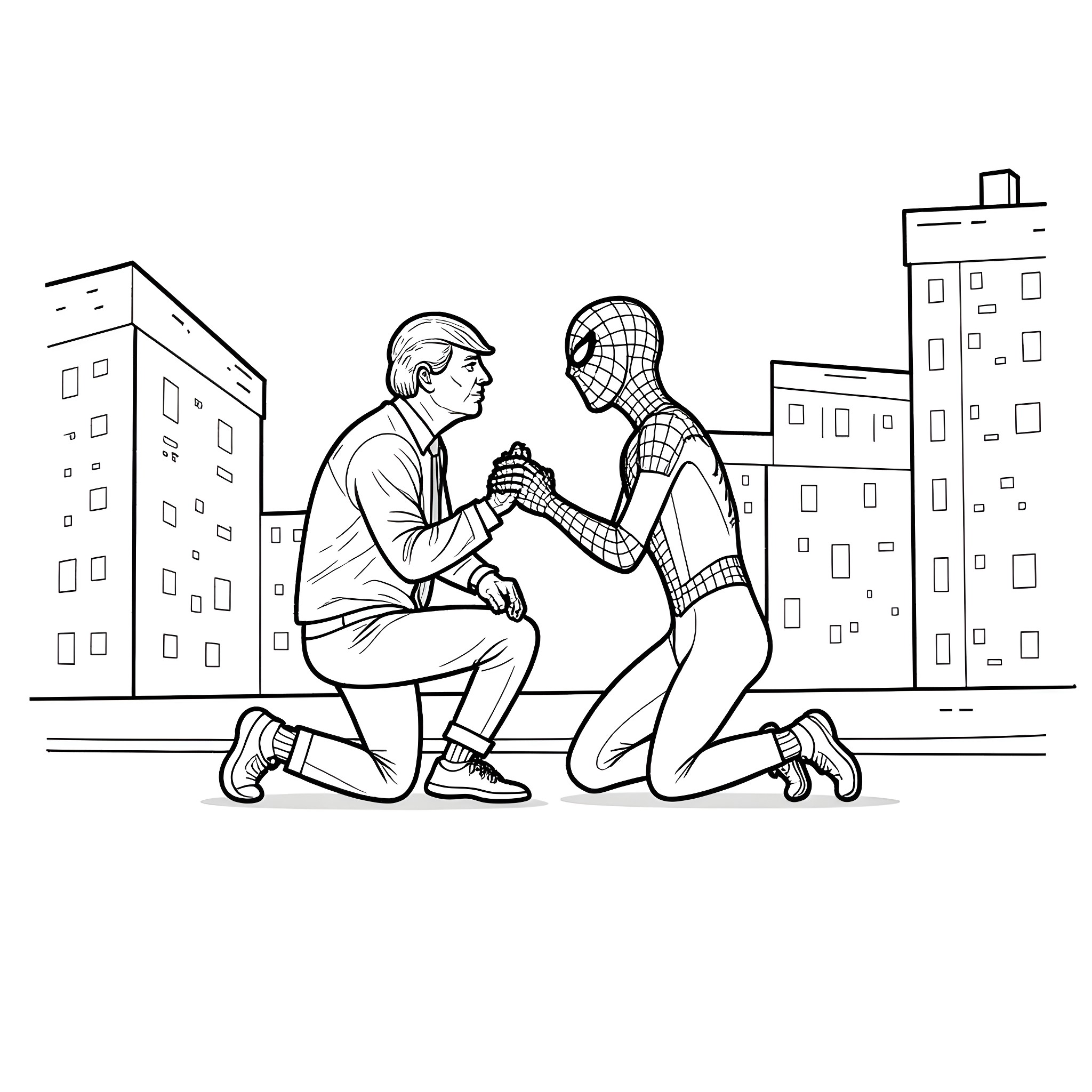 Spider-Man assists person in need on city streets Coloring Page (free black-and-white line drawing printable PDF for all, from beginners to advanced learners, including children, teens, adults, and seniors)