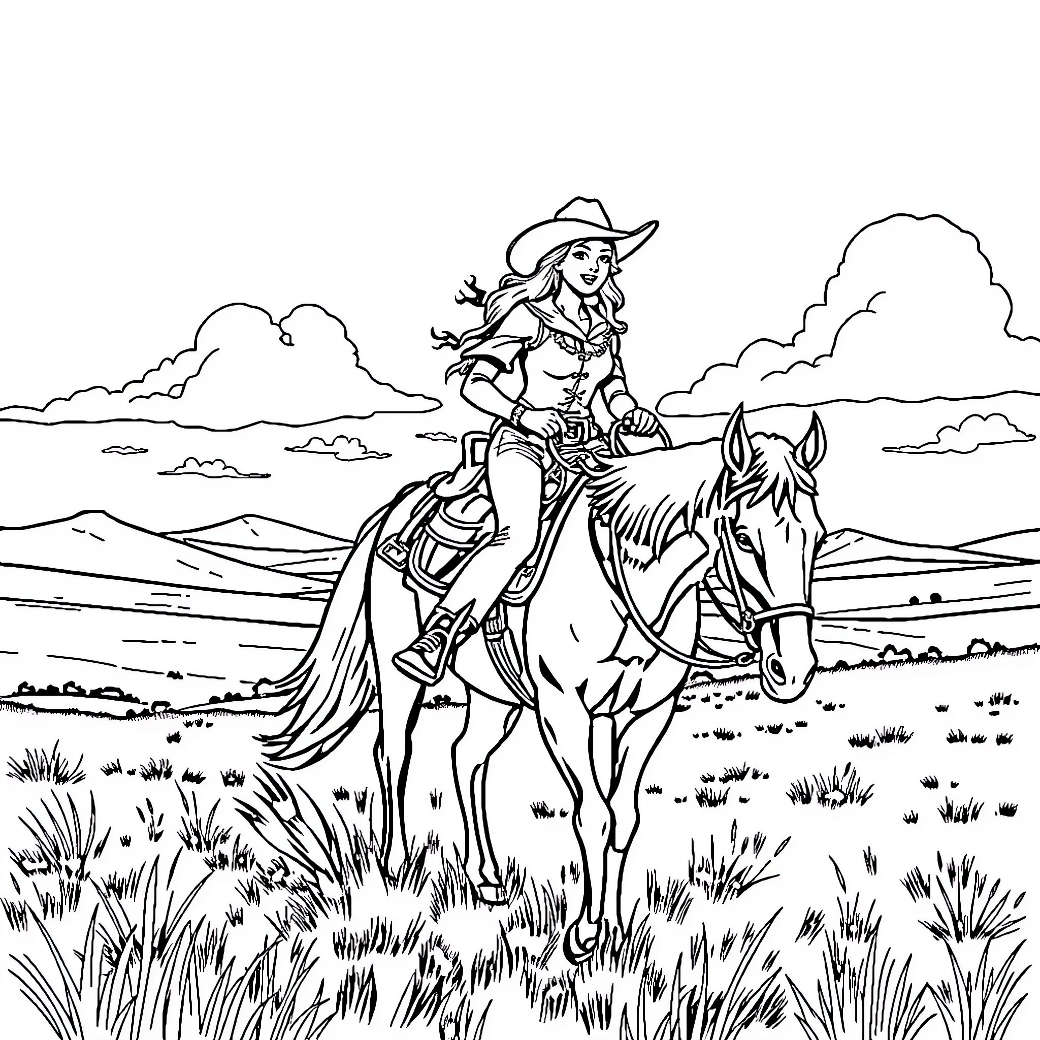 Cowgirl riding horse across the countryside Coloring Page (free black-and-white line drawing printable PDF for all, from beginners to advanced learners, including children, teens, adults, and seniors)