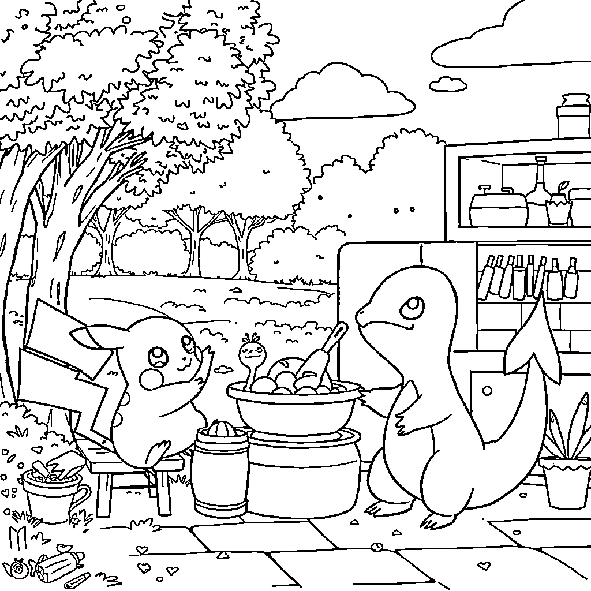 Pokémon Gardening and Outdoor Fun Coloring Page (free black-and-white line drawing printable PDF for all, from beginners to advanced learners, including children, teens, adults, and seniors)