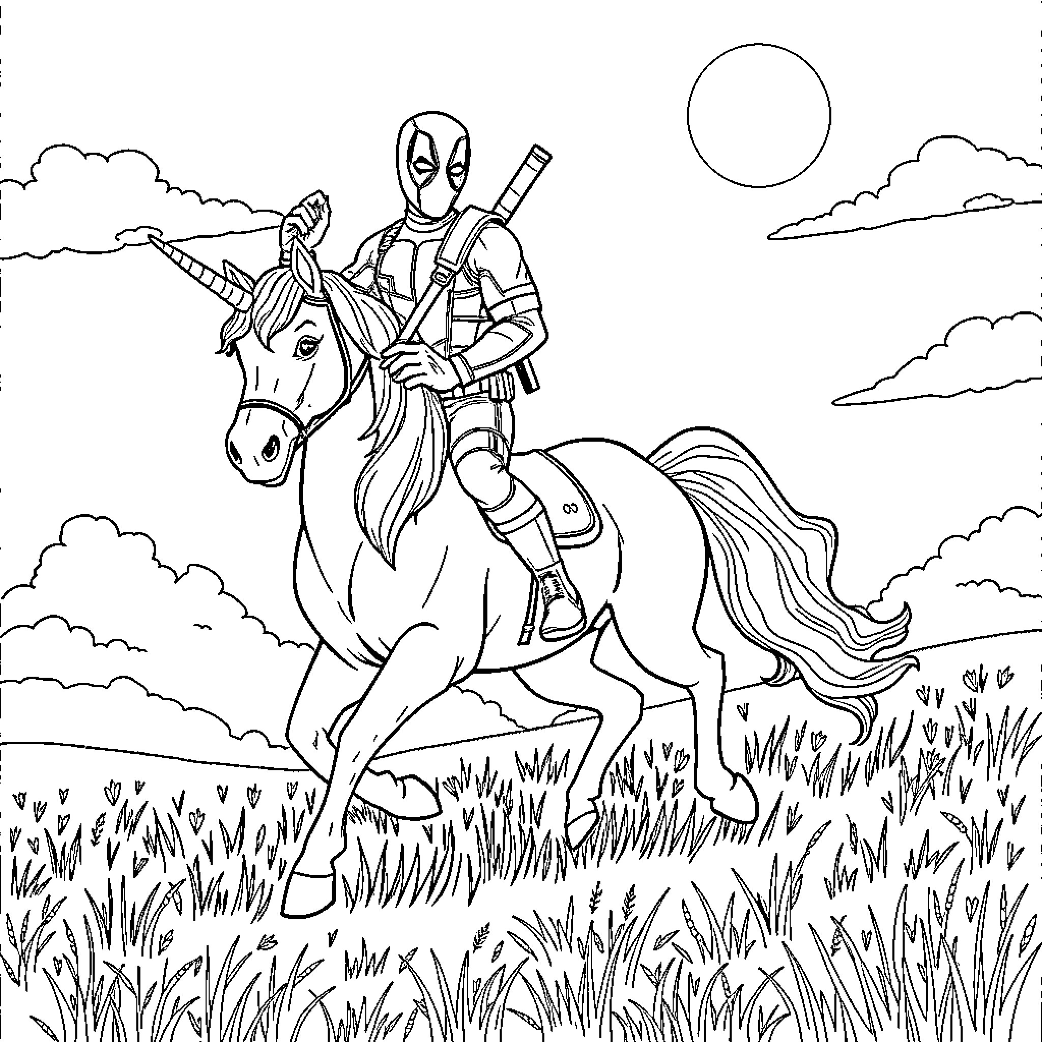 Deadpool riding a unicorn through the meadow Coloring Page (free black-and-white line drawing printable PDF for all, from beginners to advanced learners, including children, teens, adults, and seniors)