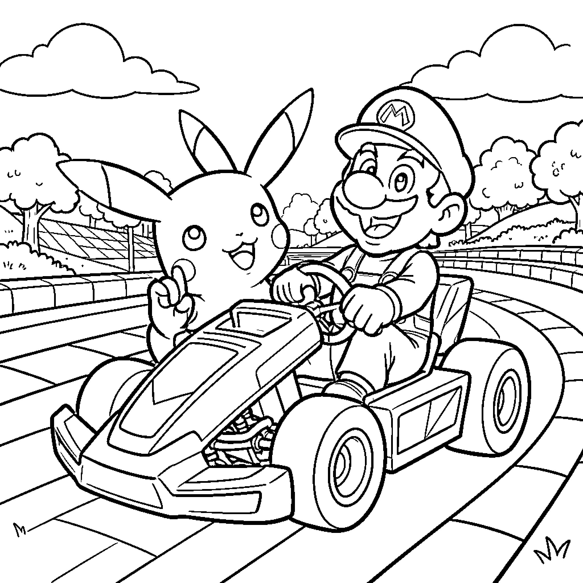 Pikachu and Mario racing in go-karts Coloring Page (free black-and-white line drawing printable PDF for all, from beginners to advanced learners, including children, teens, adults, and seniors)