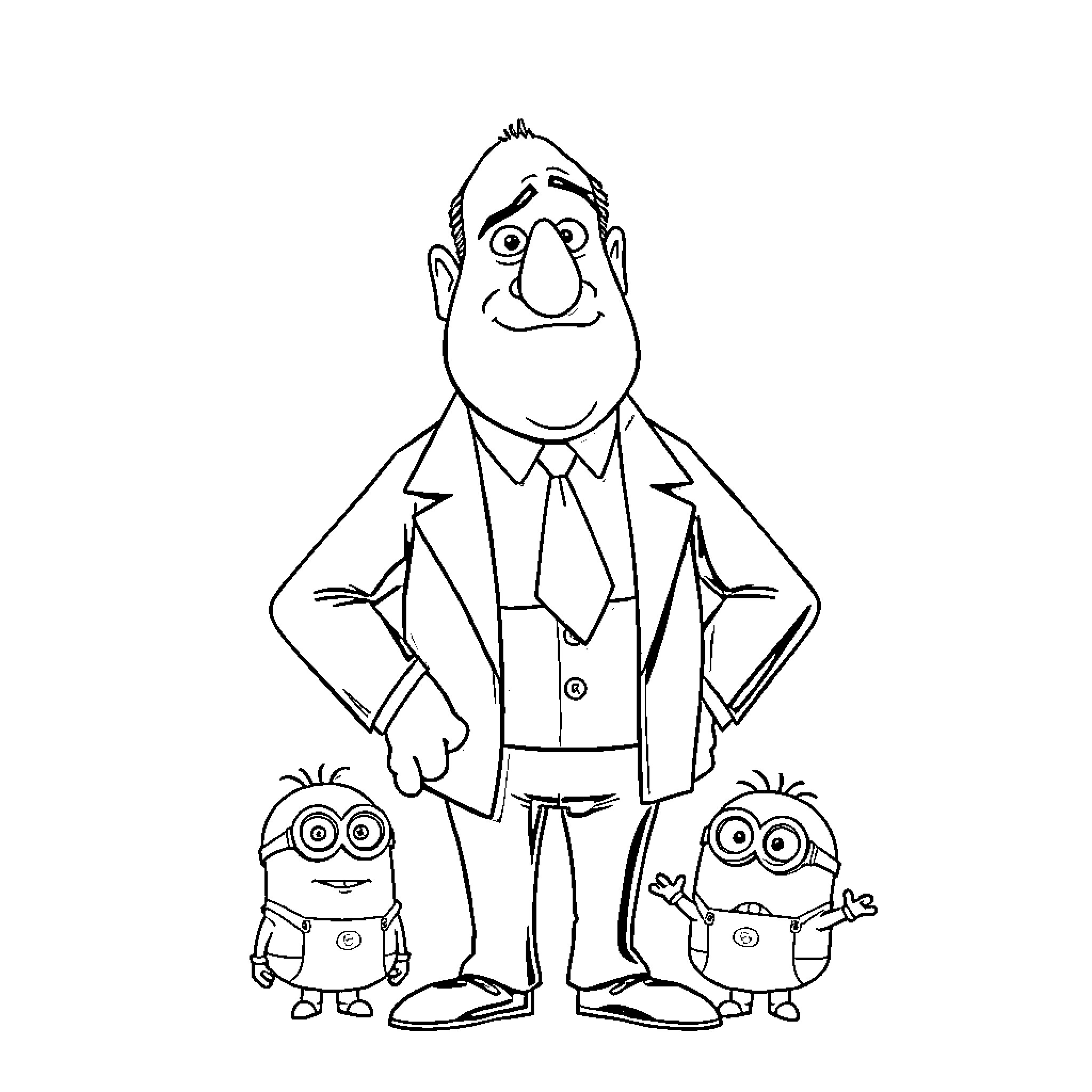 Gru and his minions in a comical scene Coloring Page (free black-and-white line drawing printable PDF for all, from beginners to advanced learners, including children, teens, adults, and seniors)