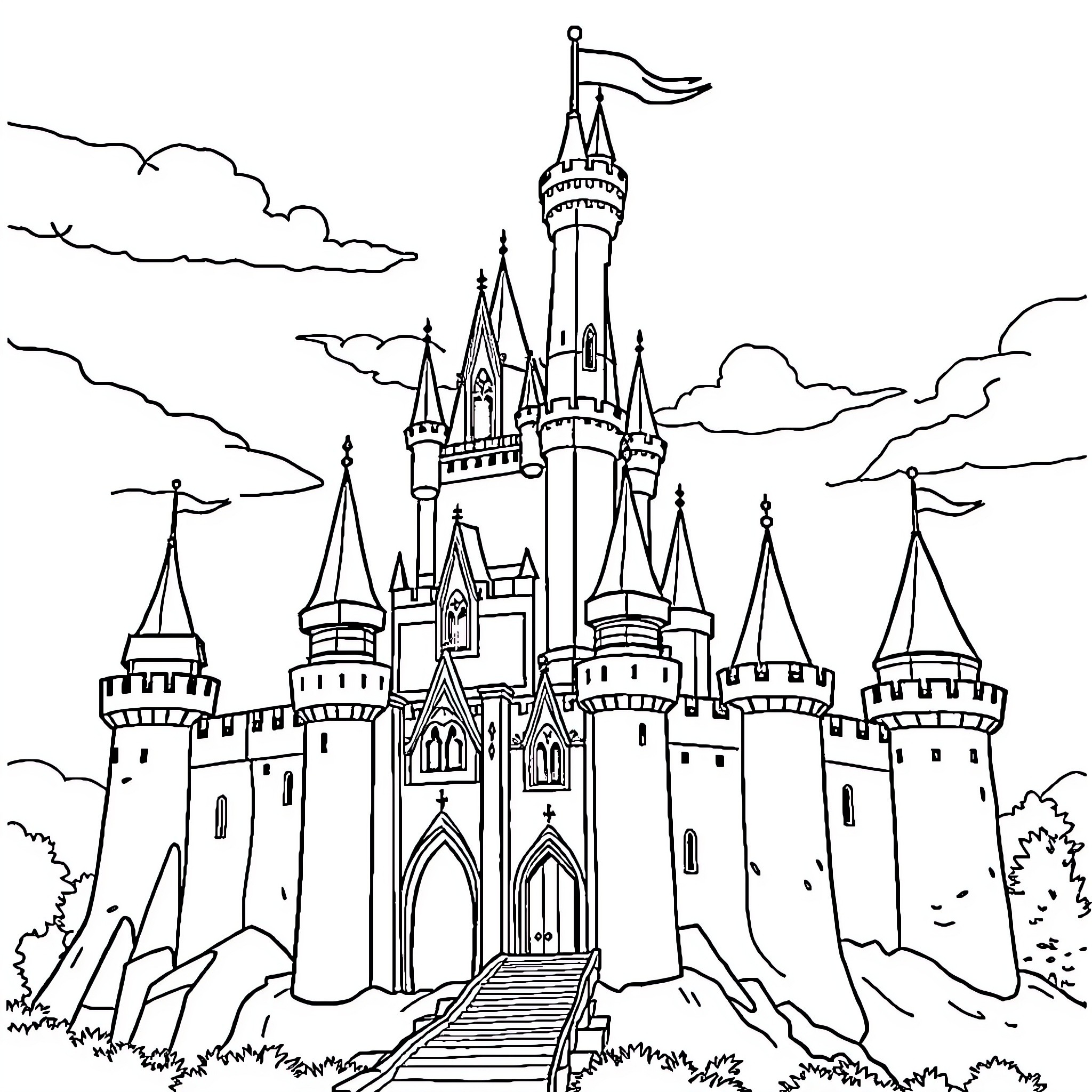 Castle with grand towers and pointed roofs Coloring Page (free black-and-white line drawing printable PDF for all, from beginners to advanced learners, including children, teens, adults, and seniors)
