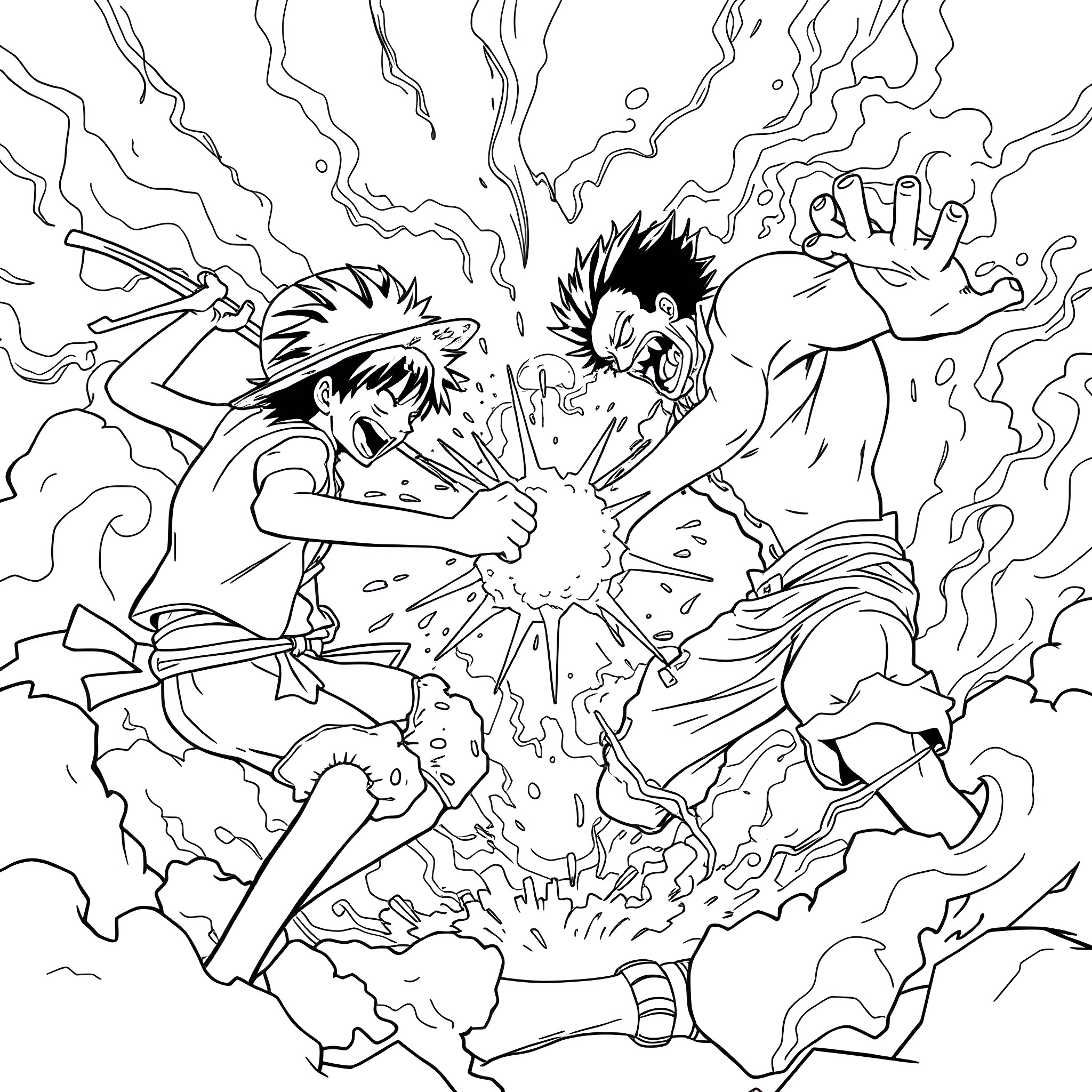 Luffy's Fierce Clash with Rival in Epic Battle Coloring Page (free black-and-white line drawing printable PDF for all, from beginners to advanced learners, including children, teens, adults, and seniors)