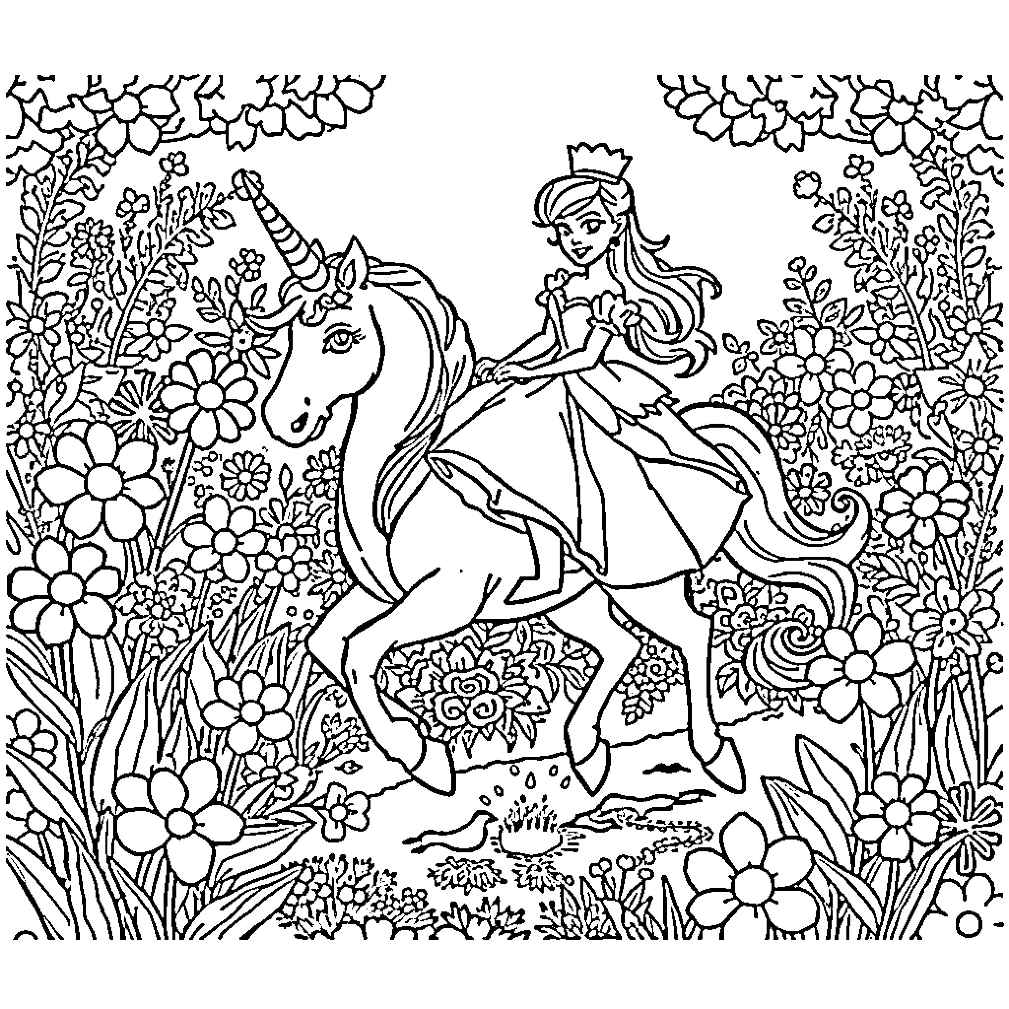 Cinderella riding a unicorn through a magical floral garden Coloring Page (free black-and-white line drawing printable PDF for all, from beginners to advanced learners, including children, teens, adults, and seniors)