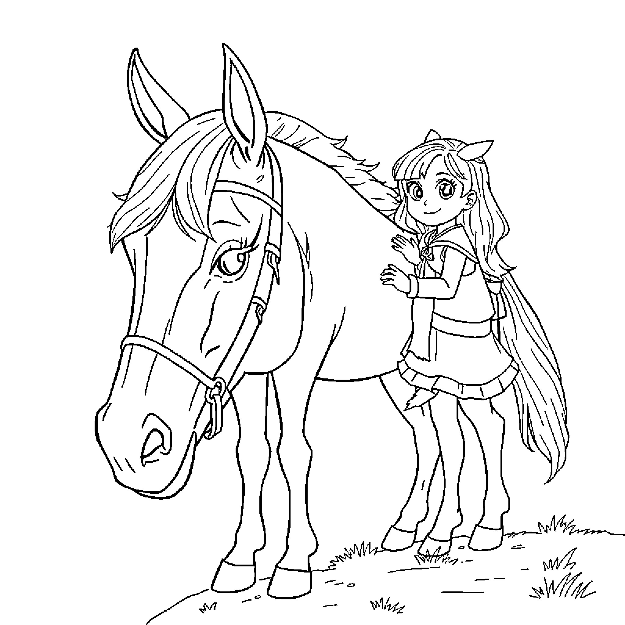 Cheval Girl and her Equine Companion Coloring Page (free black-and-white line drawing printable PDF for all, from beginners to advanced learners, including children, teens, adults, and seniors)