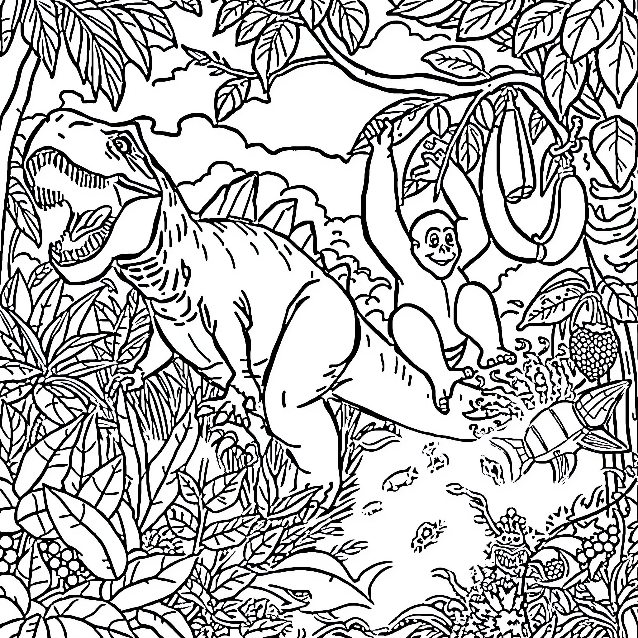 Dinosaur exploration in the lush jungle Coloring Page (free black-and-white line drawing printable PDF for all, from beginners to advanced learners, including children, teens, adults, and seniors)