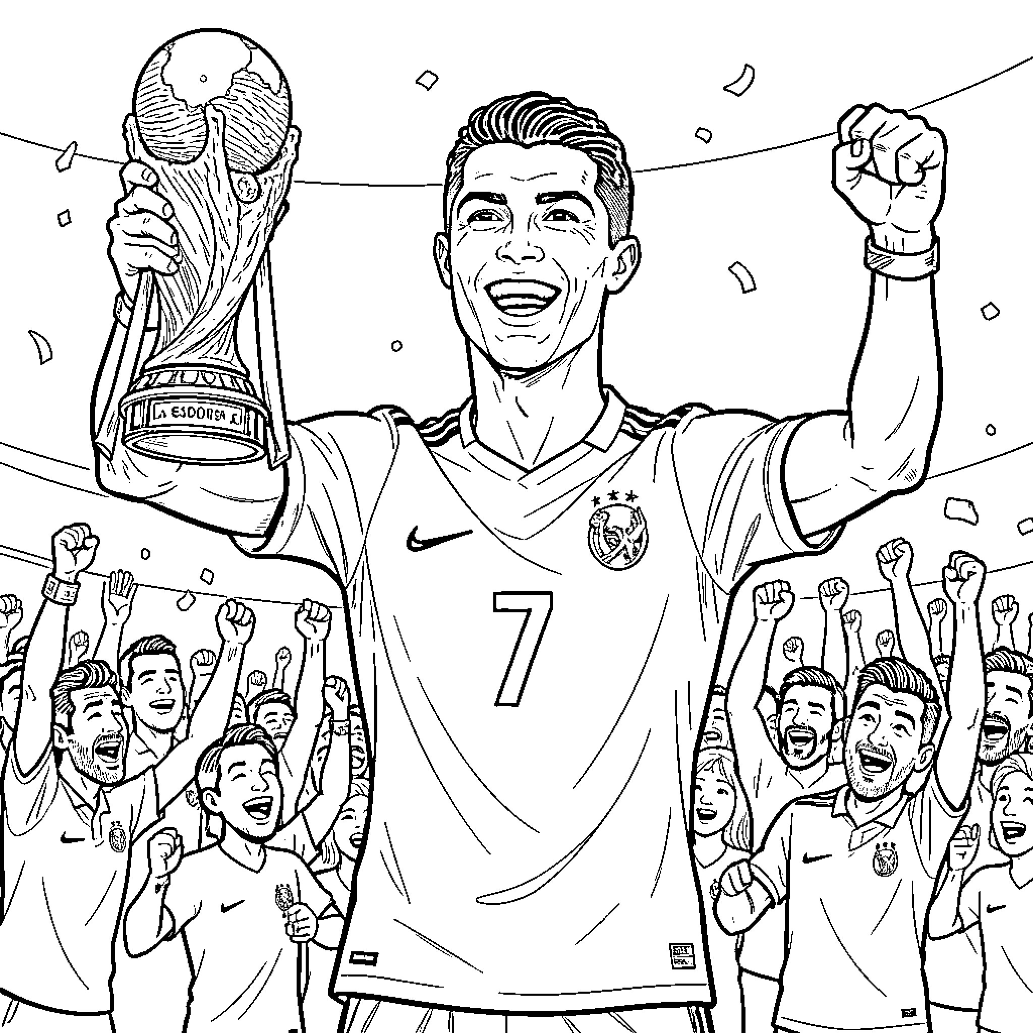 Cristiano Ronaldo celebrating joyfully while holding a trophy Coloring Page (free black-and-white line drawing printable PDF for all, from beginners to advanced learners, including children, teens, adults, and seniors)
