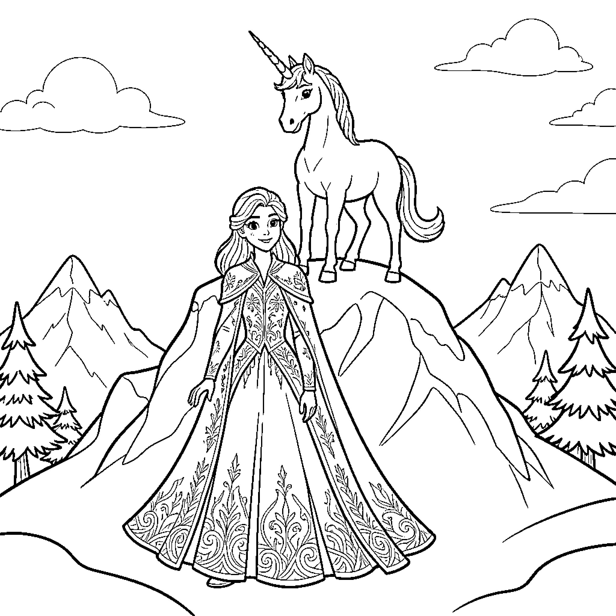 Snow Queen standing majestically with a unicorn Coloring Page (free black-and-white line drawing printable PDF for all, from beginners to advanced learners, including children, teens, adults, and seniors)